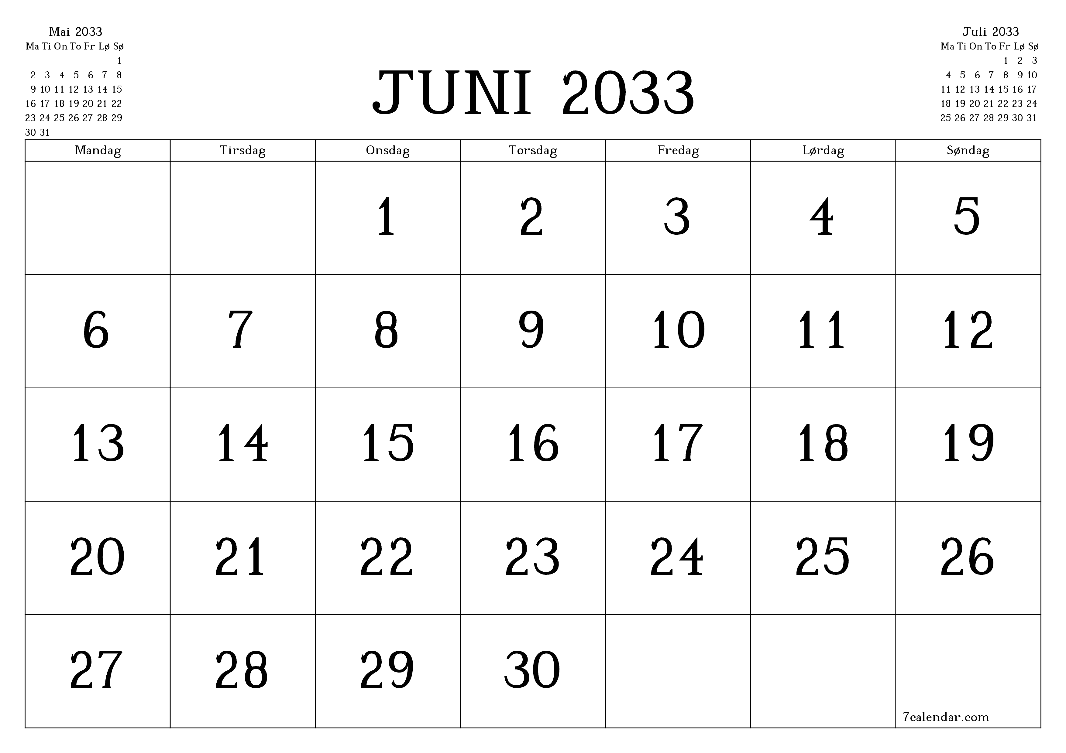 Tom månedlig planlegger for måned Juni 2033 med notater, lagre og skriv ut til PDF PNG Norwegian