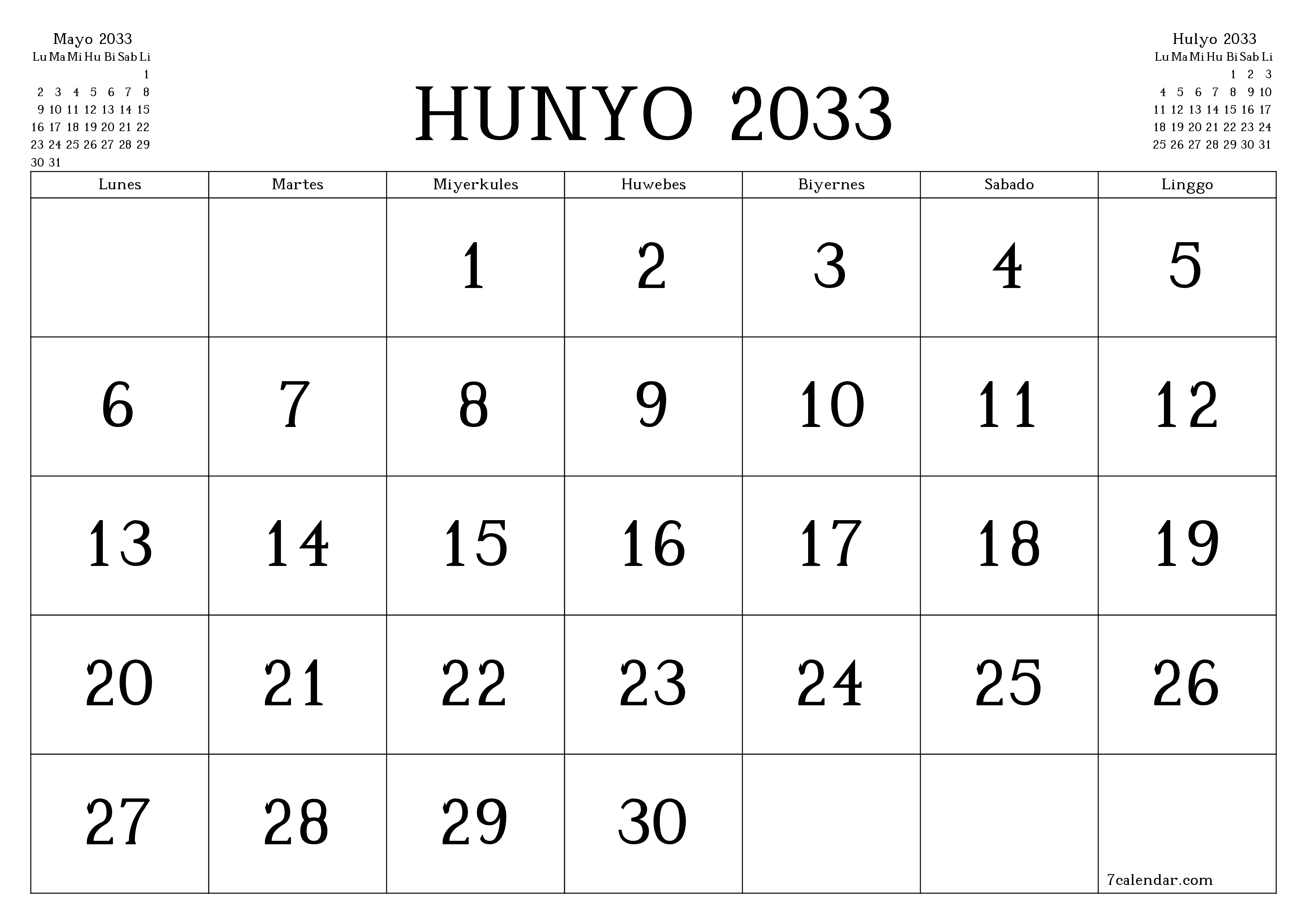 Walang laman na buwanang tagaplano para sa buwan na Hunyo 2033 na may mga tala, i-save at i-print sa PDF PNG Filipino