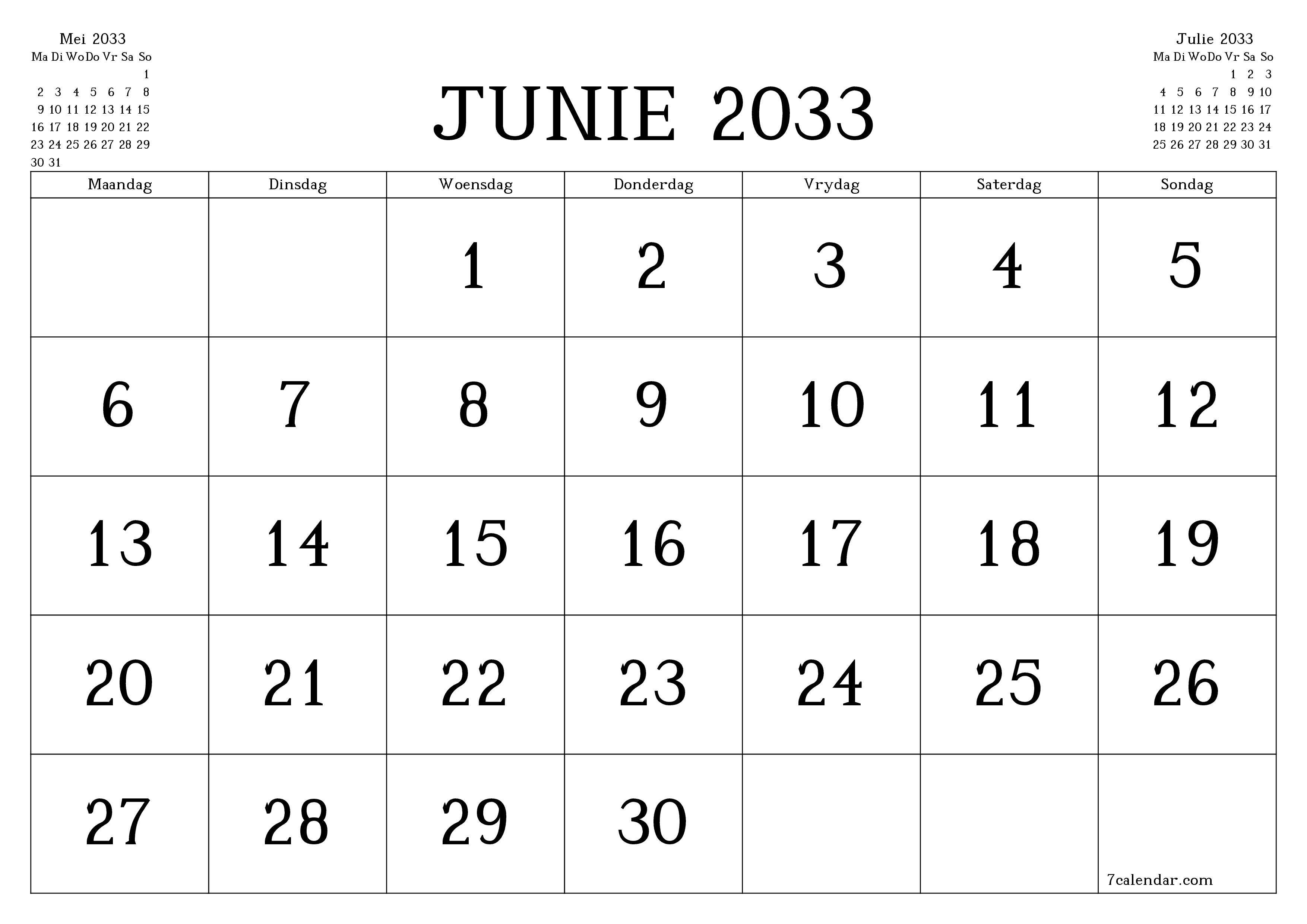 Leë maandelikse drukbare kalender en beplanner vir maand Junie 2033 met notas stoor en druk na PDF PNG Afrikaans