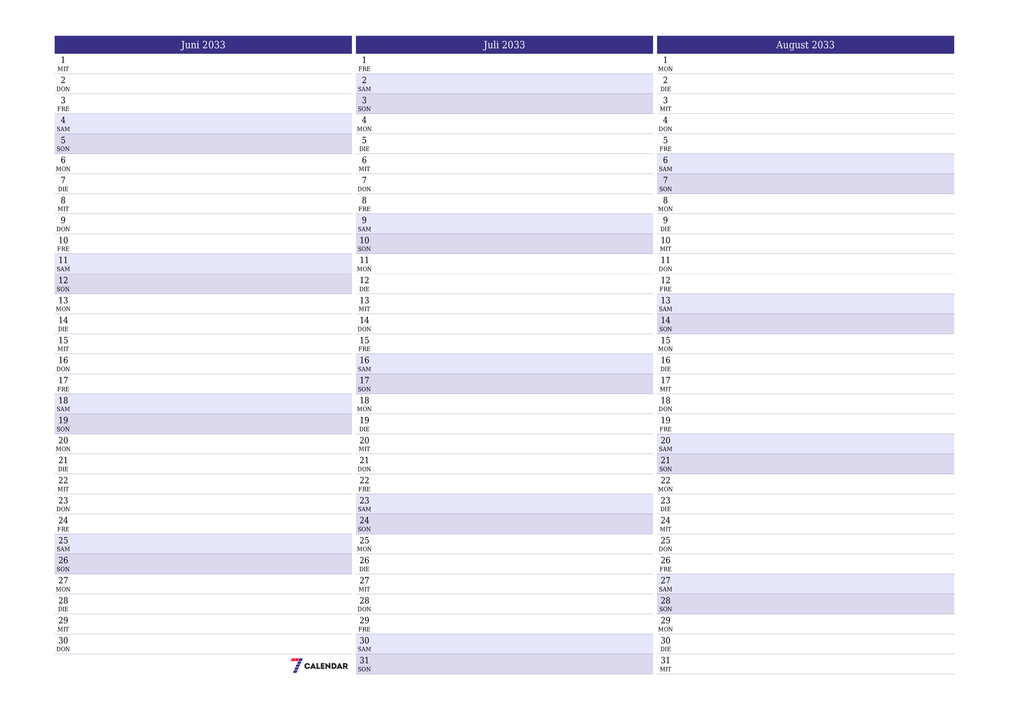 Monatsplaner für Monat Juni 2033 mit Notizen leeren, speichern und als PDF PNG German - 7calendar.com drucken