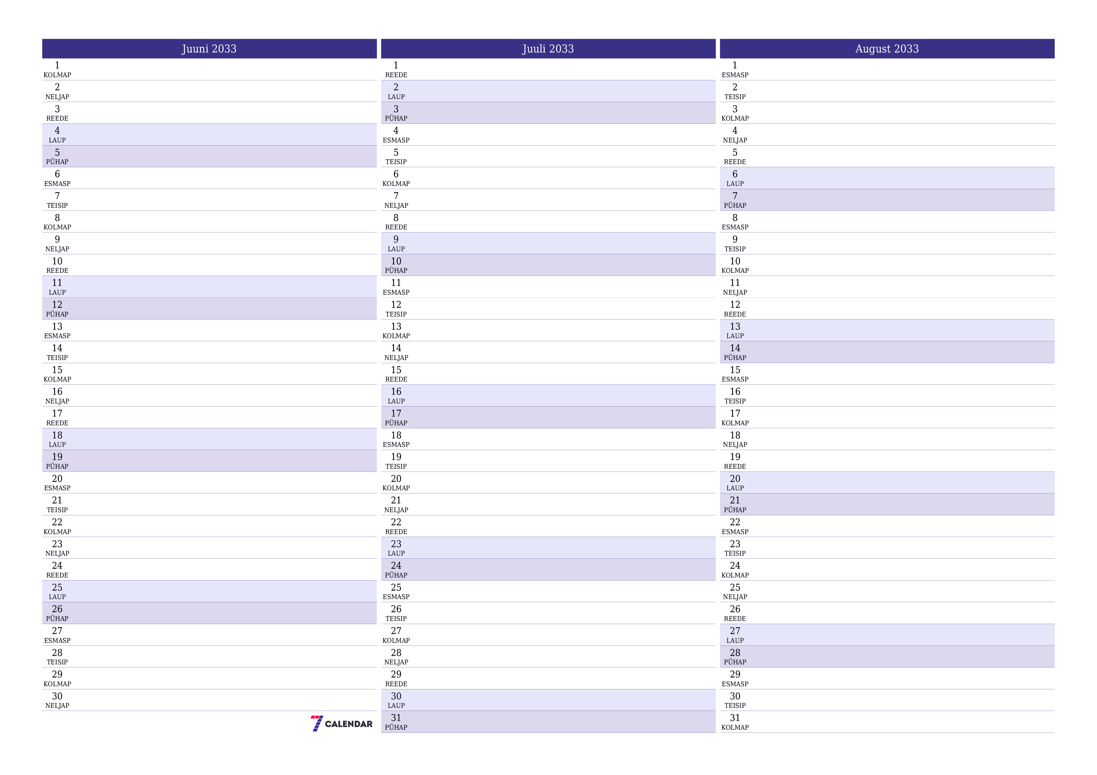 Tühjendage kuu Juuni 2033 kuuplaneerija märkmetega, salvestage ja printige PDF-i PNG Estonian