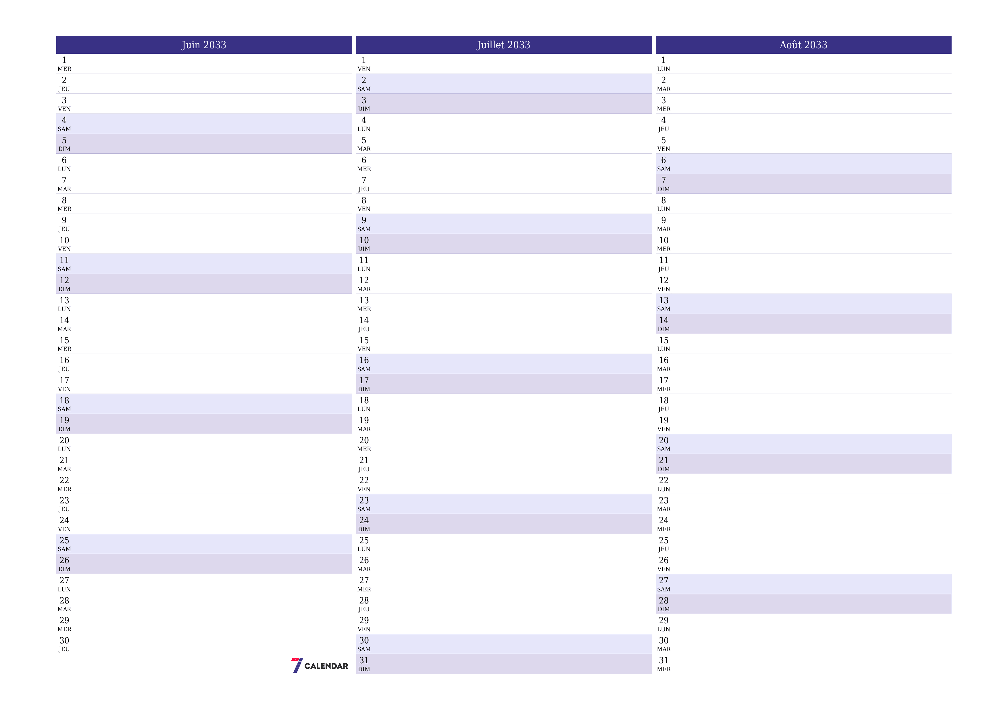 Agenda mensuel vide pour le mois Juin 2033 avec notes, enregistrez et imprimez au format PDF PNG French