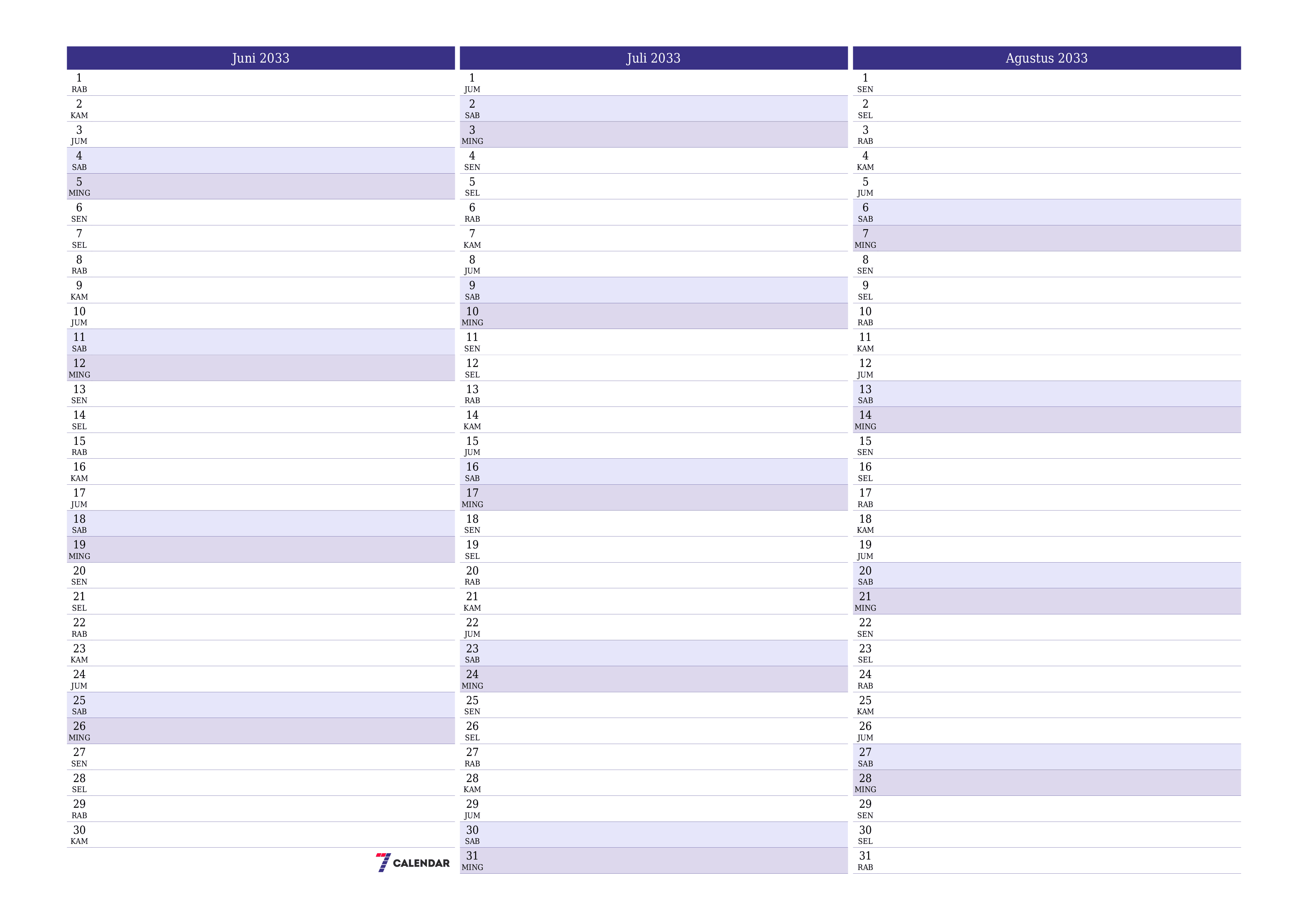 Kosongkan agenda bulanan untuk bulan Juni 2033 dengan catatan, simpan dan cetak ke PDF PNG Indonesian