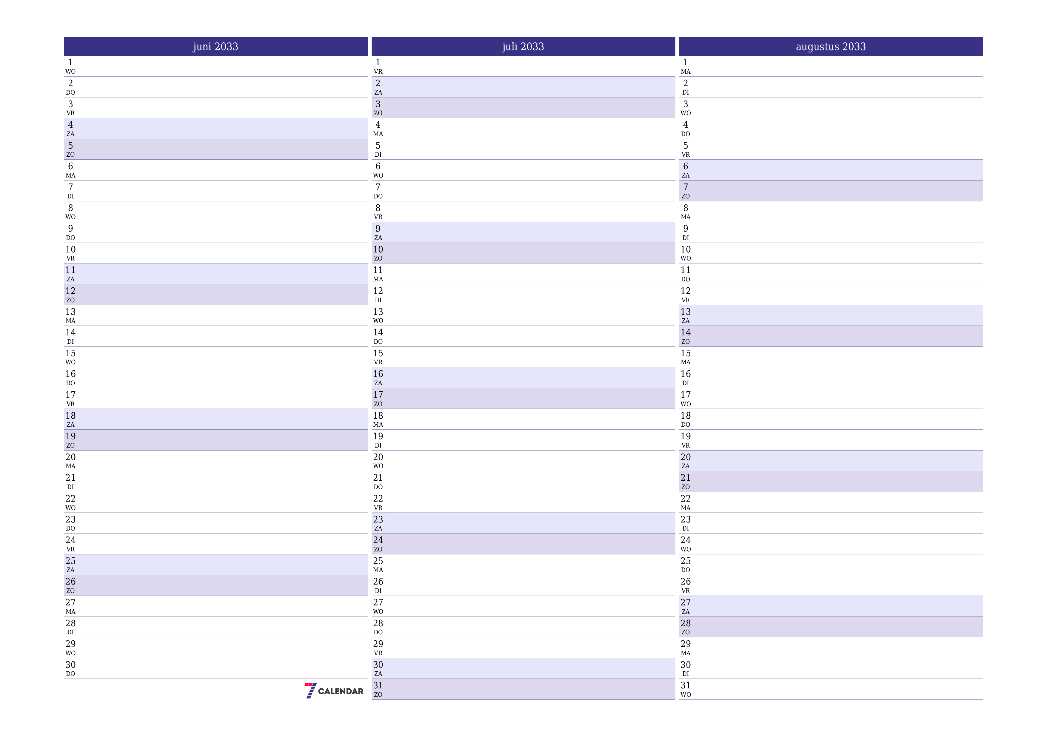Lege maandplanner voor maand juni 2033 met notities, opslaan en afdrukken naar pdf PNG Dutch