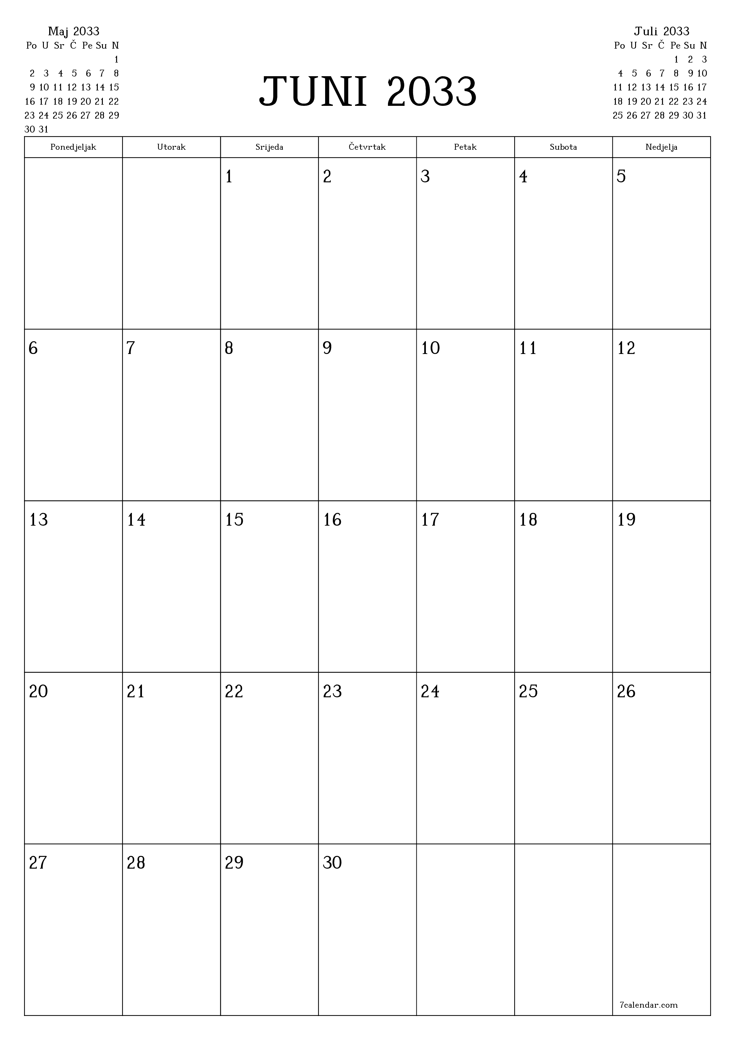  za štampanje zidni šablon a besplatni vertikalno Mjesečno planer kalendar Juni (Jun) 2033