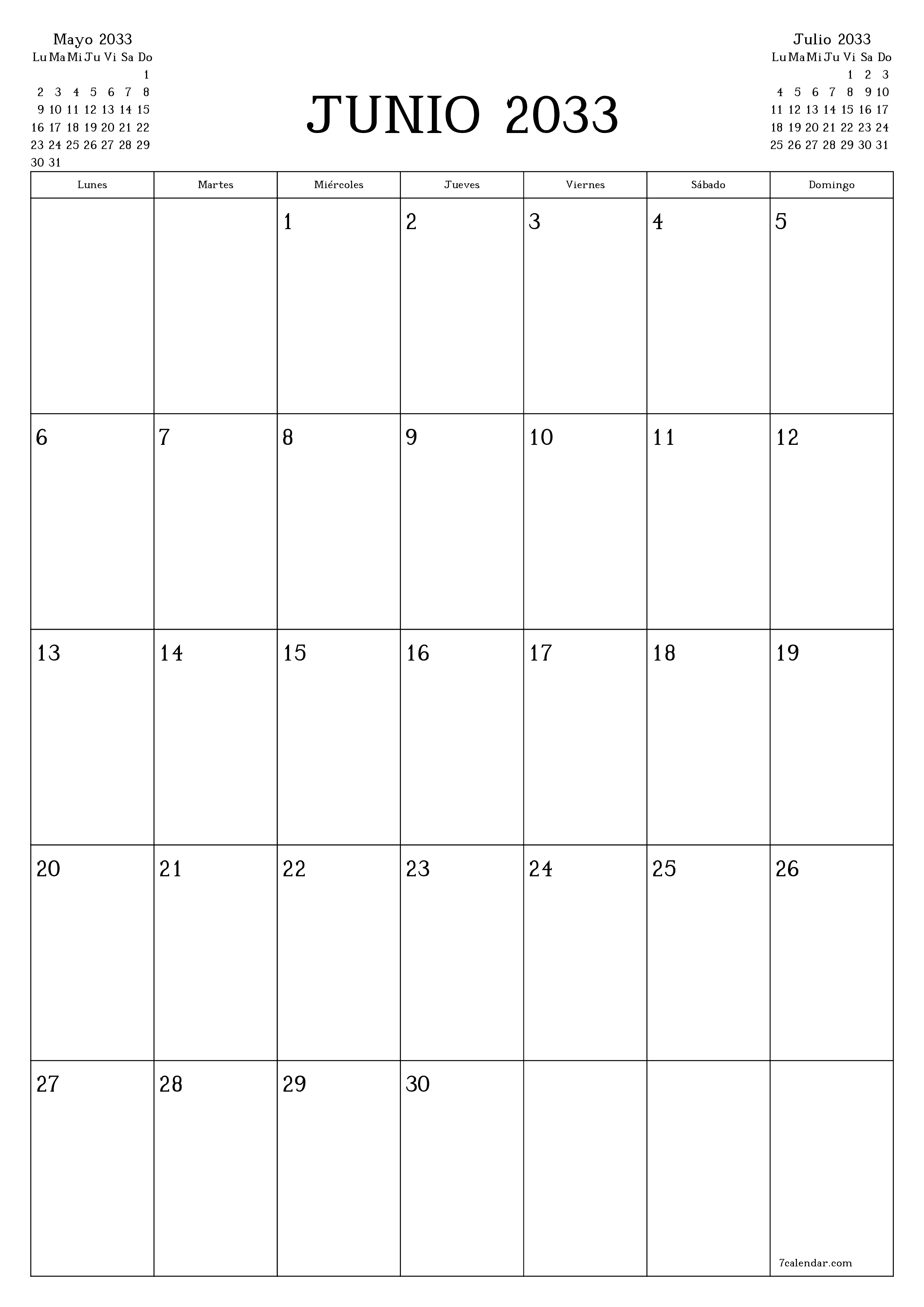  imprimible de pared plantilla de gratisvertical Mensual planificador calendario Junio (Jun) 2033