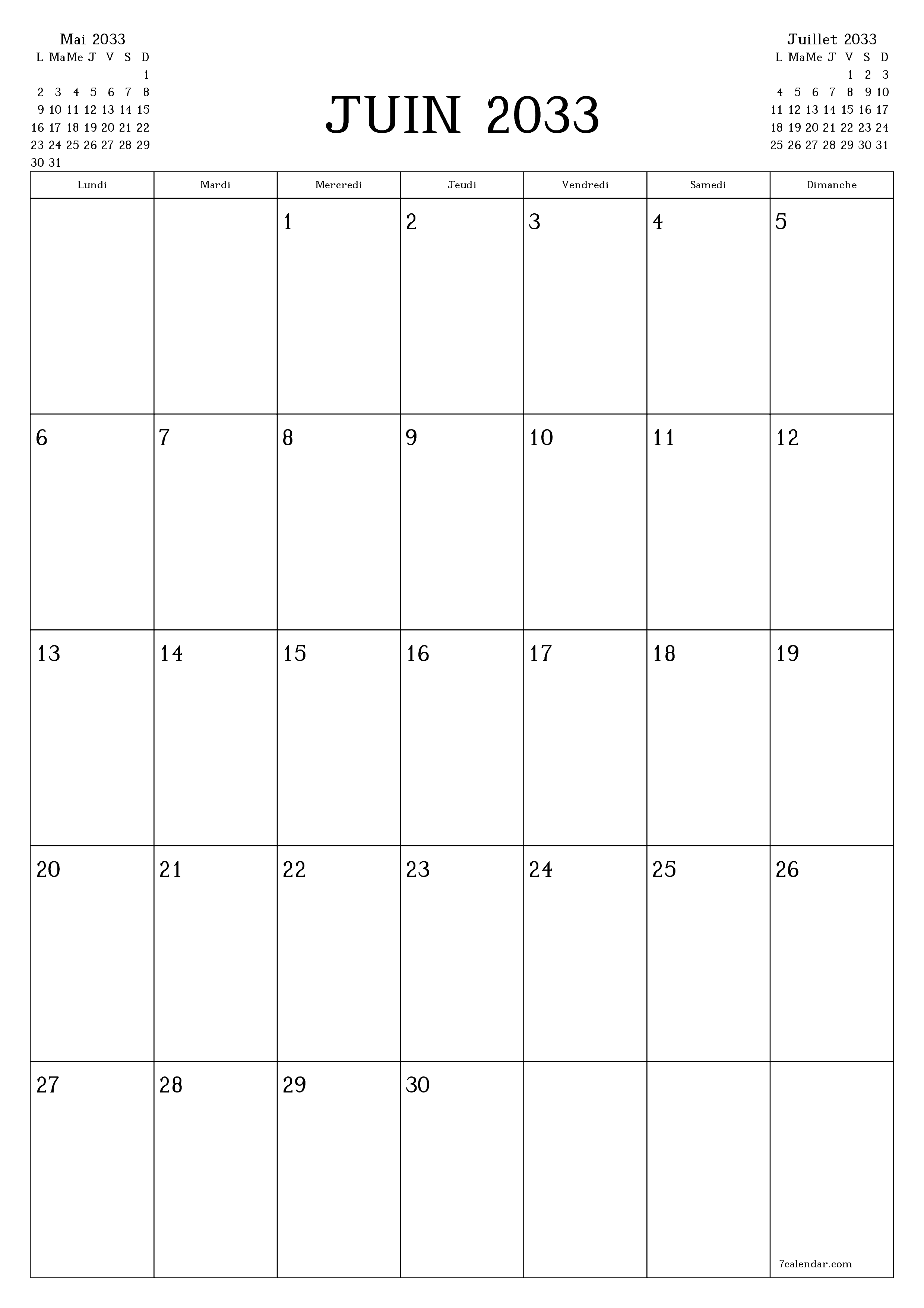 Agenda mensuel vide pour le mois Juin 2033 avec notes, enregistrez et imprimez au format PDF PNG French