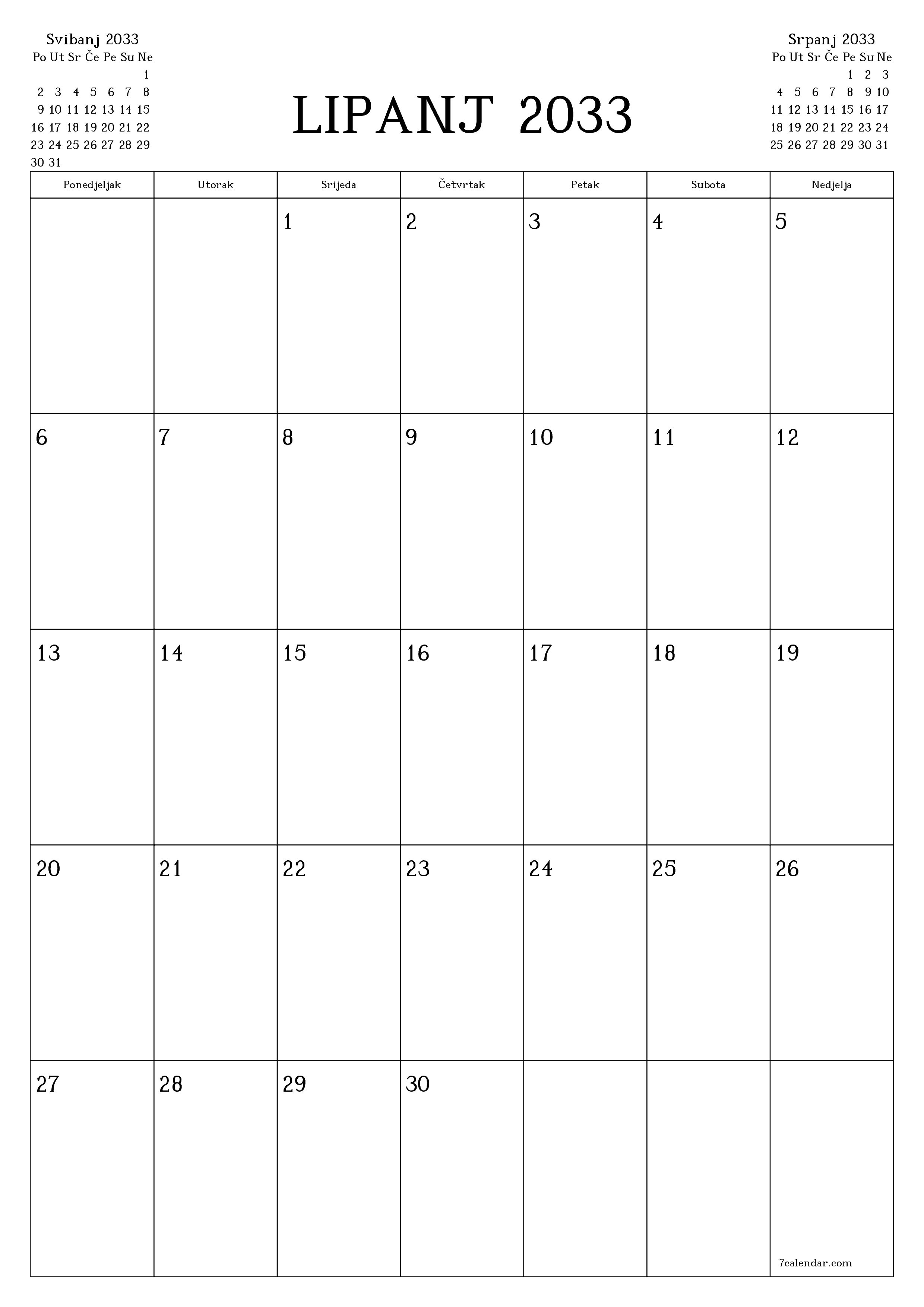  za ispis zidni predložak a besplatni okomito Mjesečni planer kalendar Lipanj (Lip) 2033