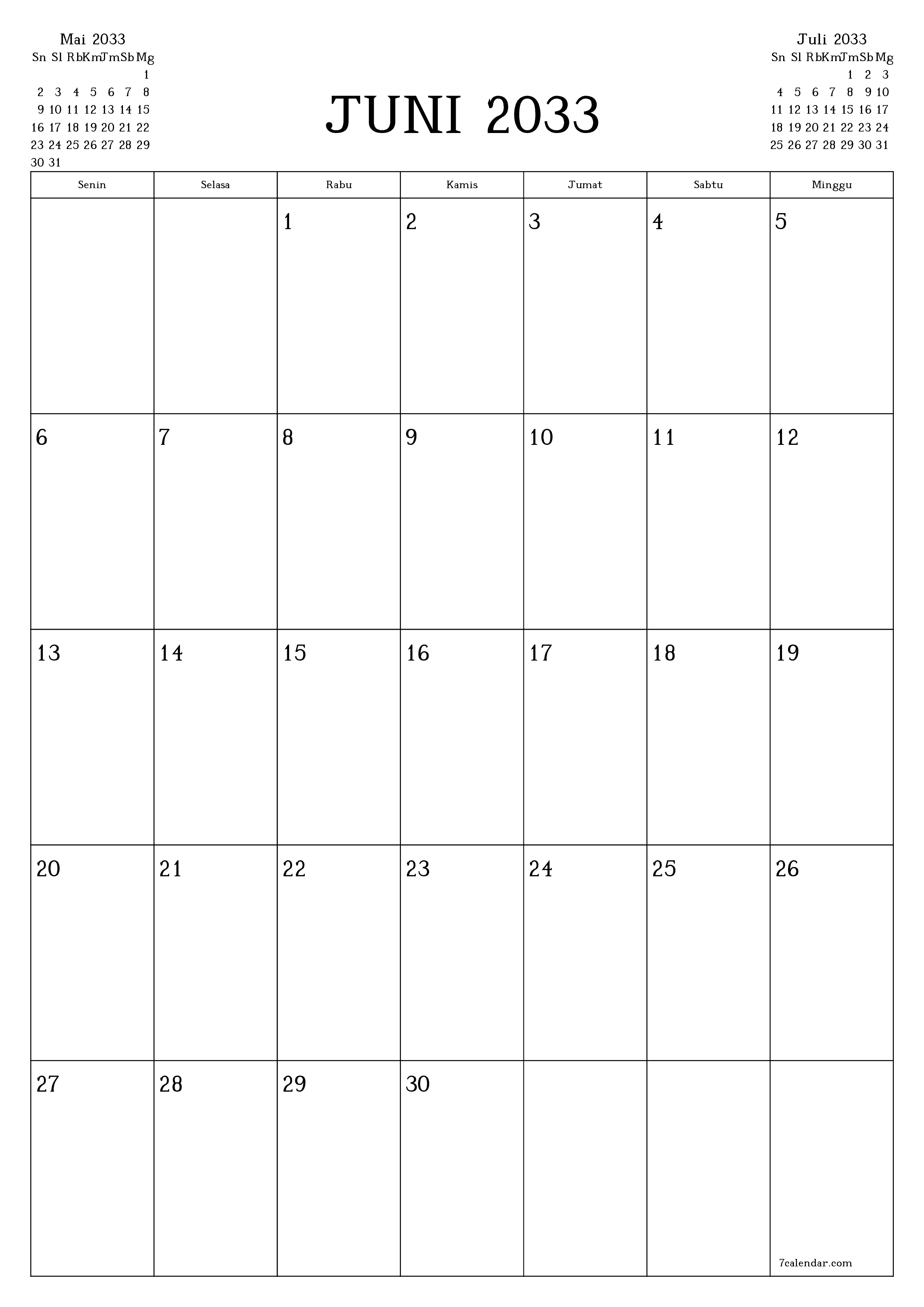  yang dapat dicetak dinding templat gratisvertikal Bulanan perencana kalender Juni (Jun) 2033