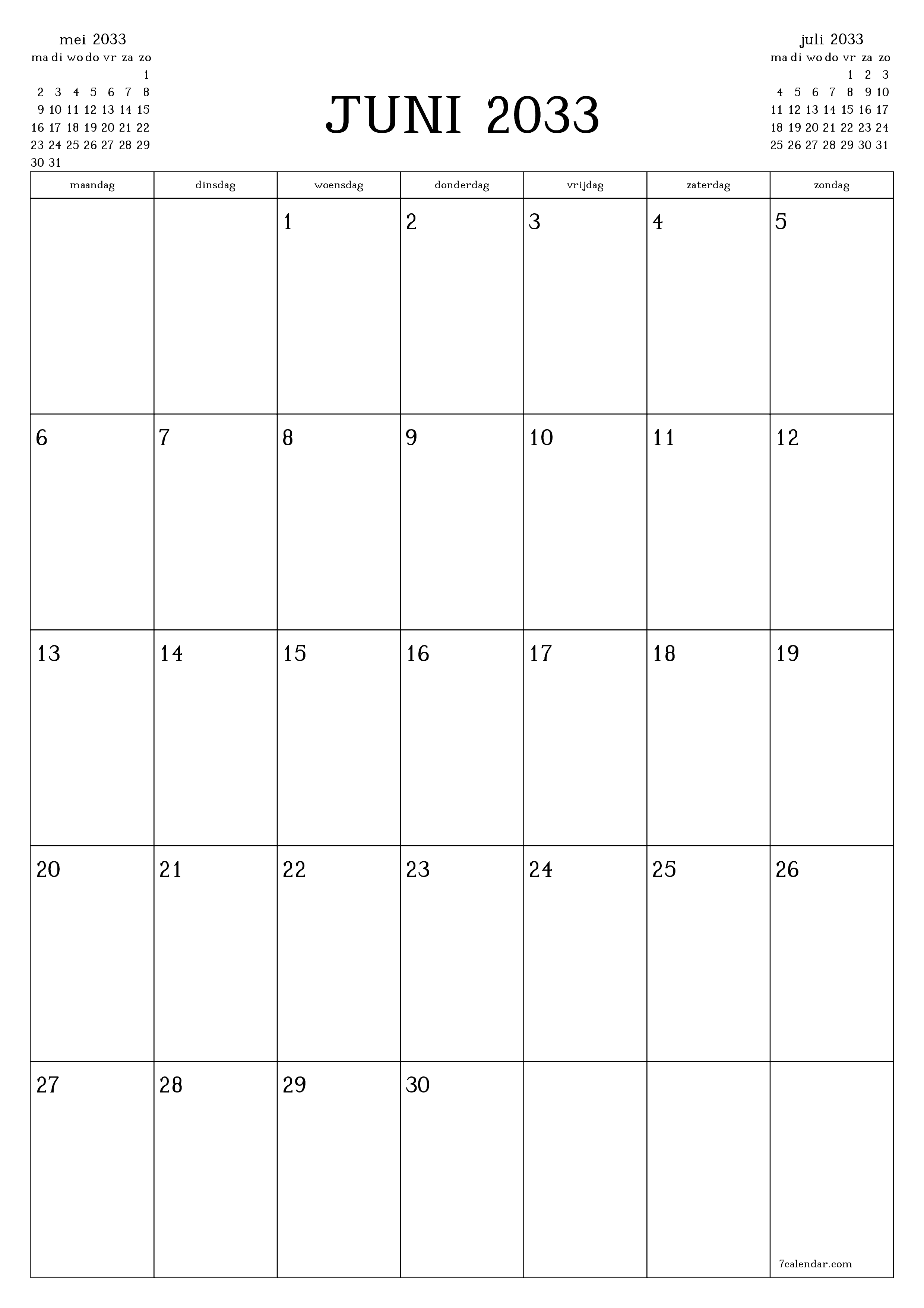 afdrukbare muur sjabloon gratis verticaal Maandelijks planner kalender juni (jun) 2033