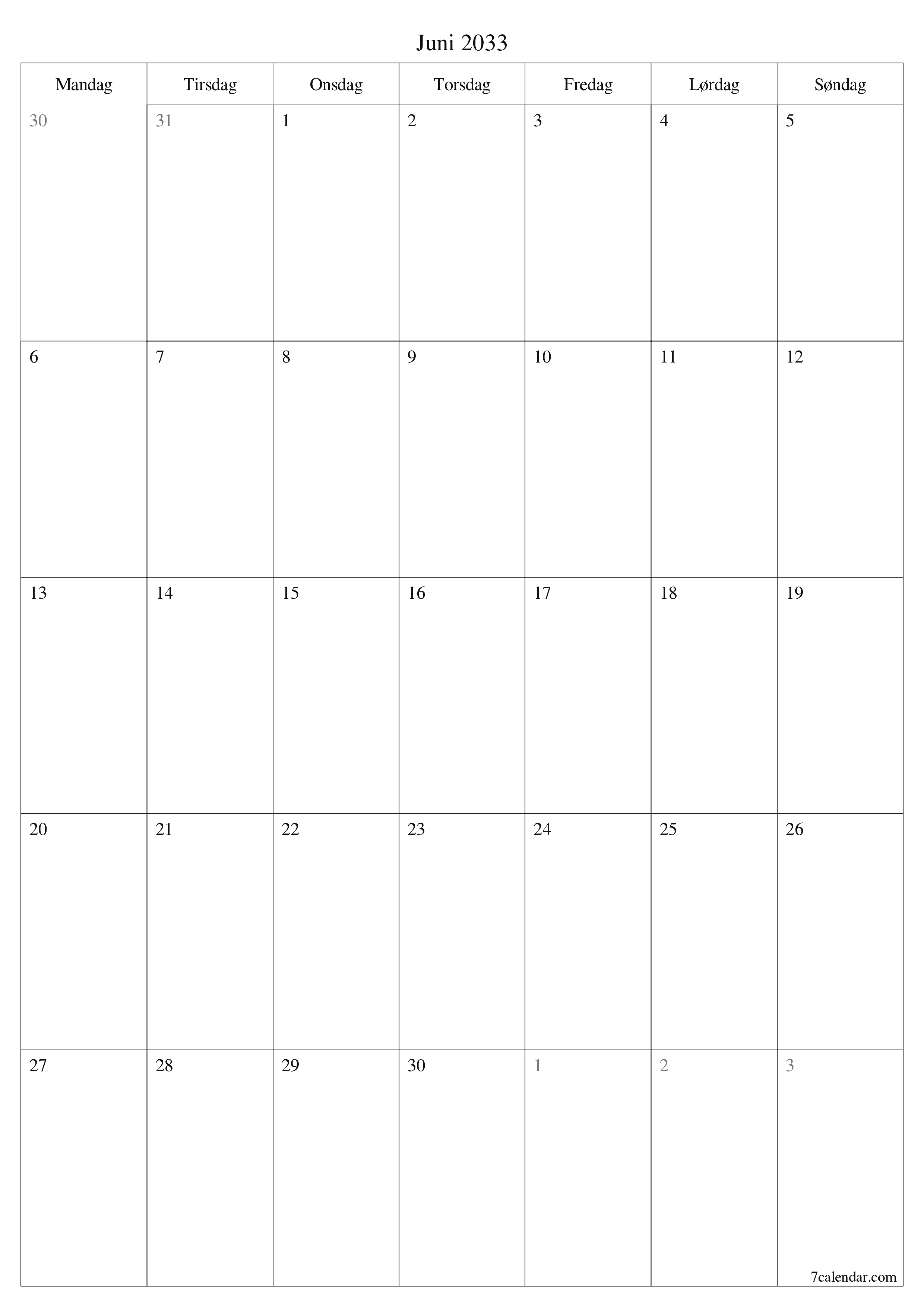 udskrivbar væg skabelon gratis lodret Månedlig planlægger kalender Juni (Jun) 2033