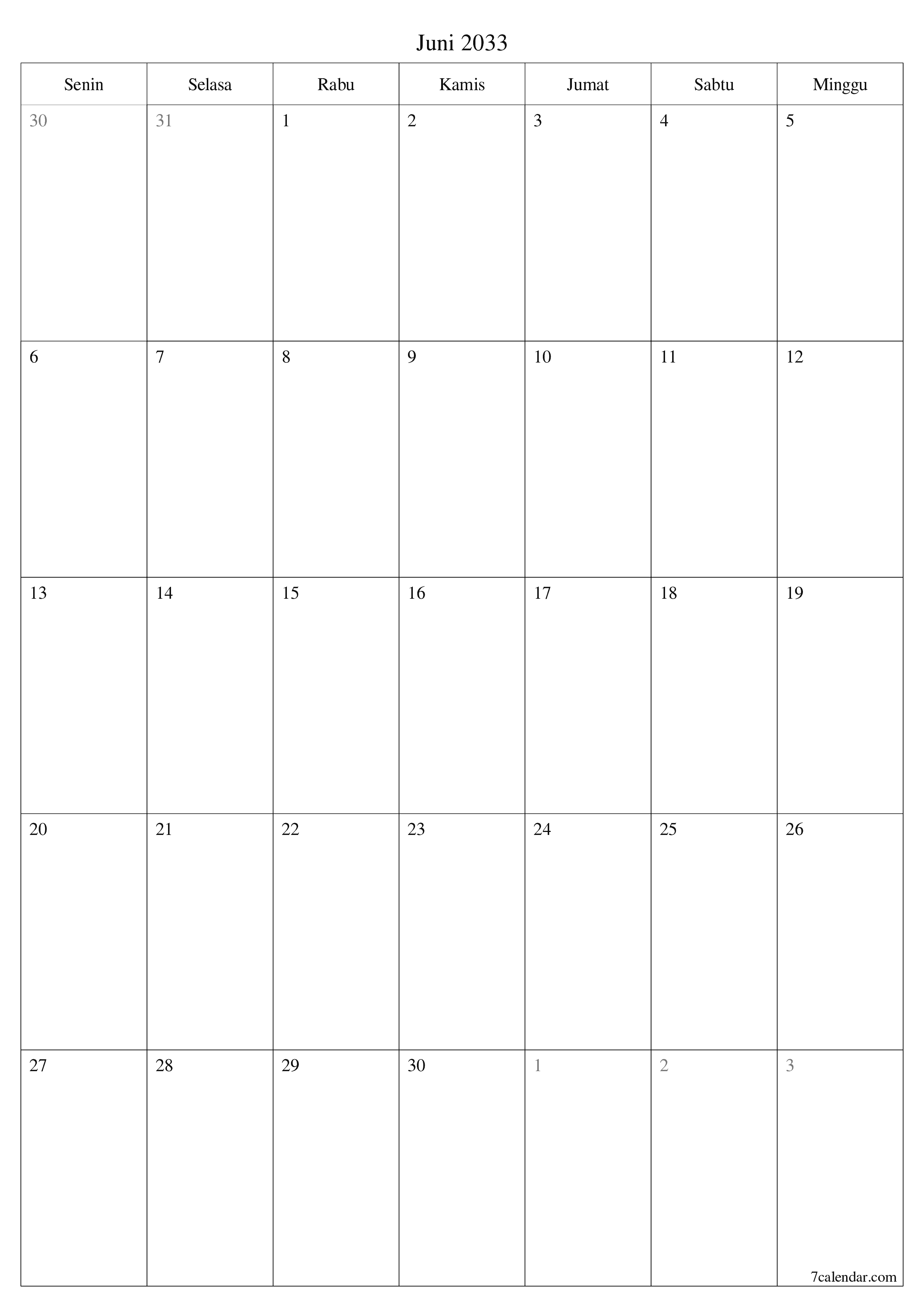  yang dapat dicetak dinding templat gratisvertikal Bulanan perencana kalender Juni (Jun) 2033