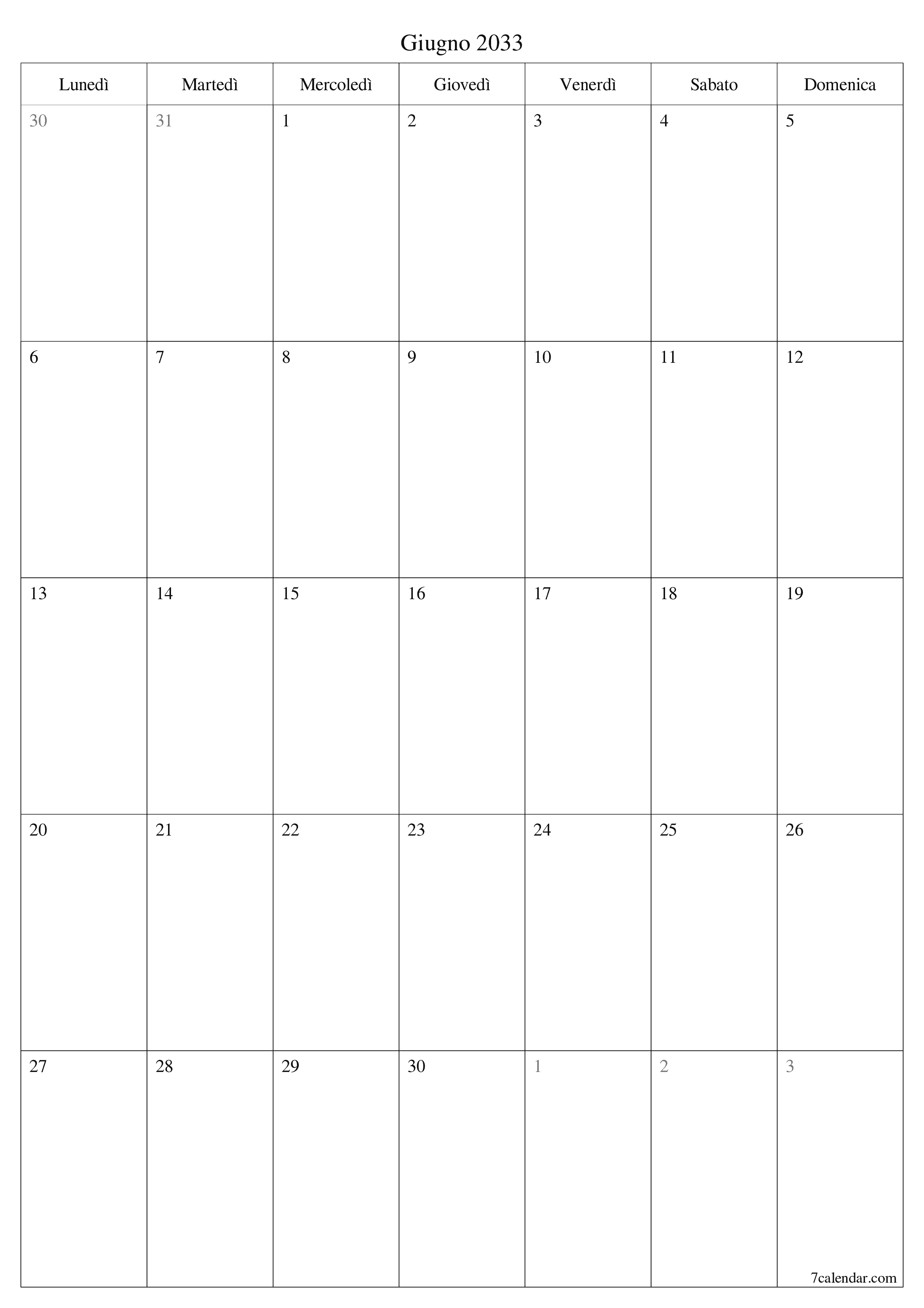  stampabile da parete modello di gratuitoverticale Mensile pianificatore calendario Giugno (Giu) 2033
