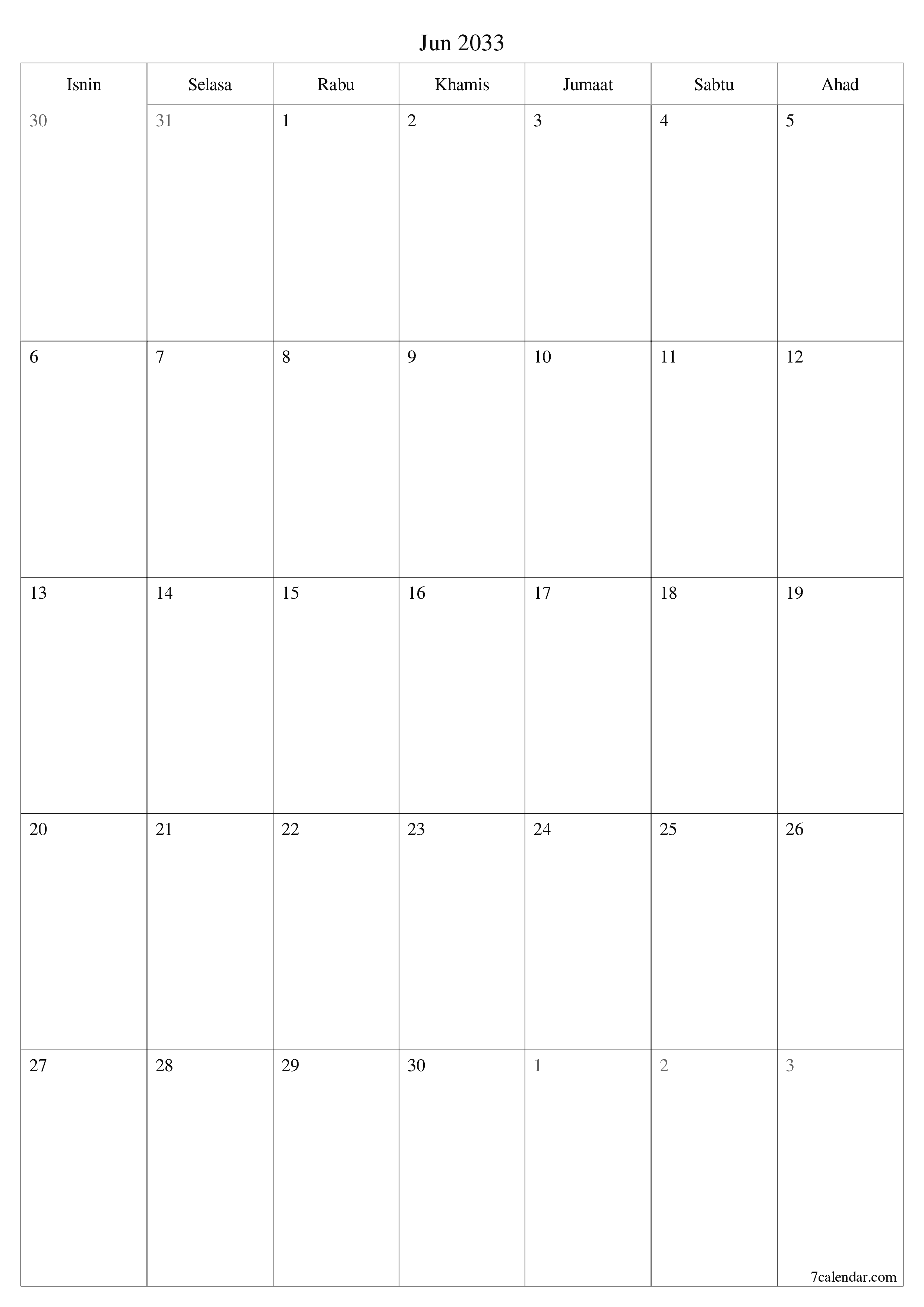  boleh cetak dinding templat percumamenegak Bulanan perancang kalendar Jun (Jun) 2033