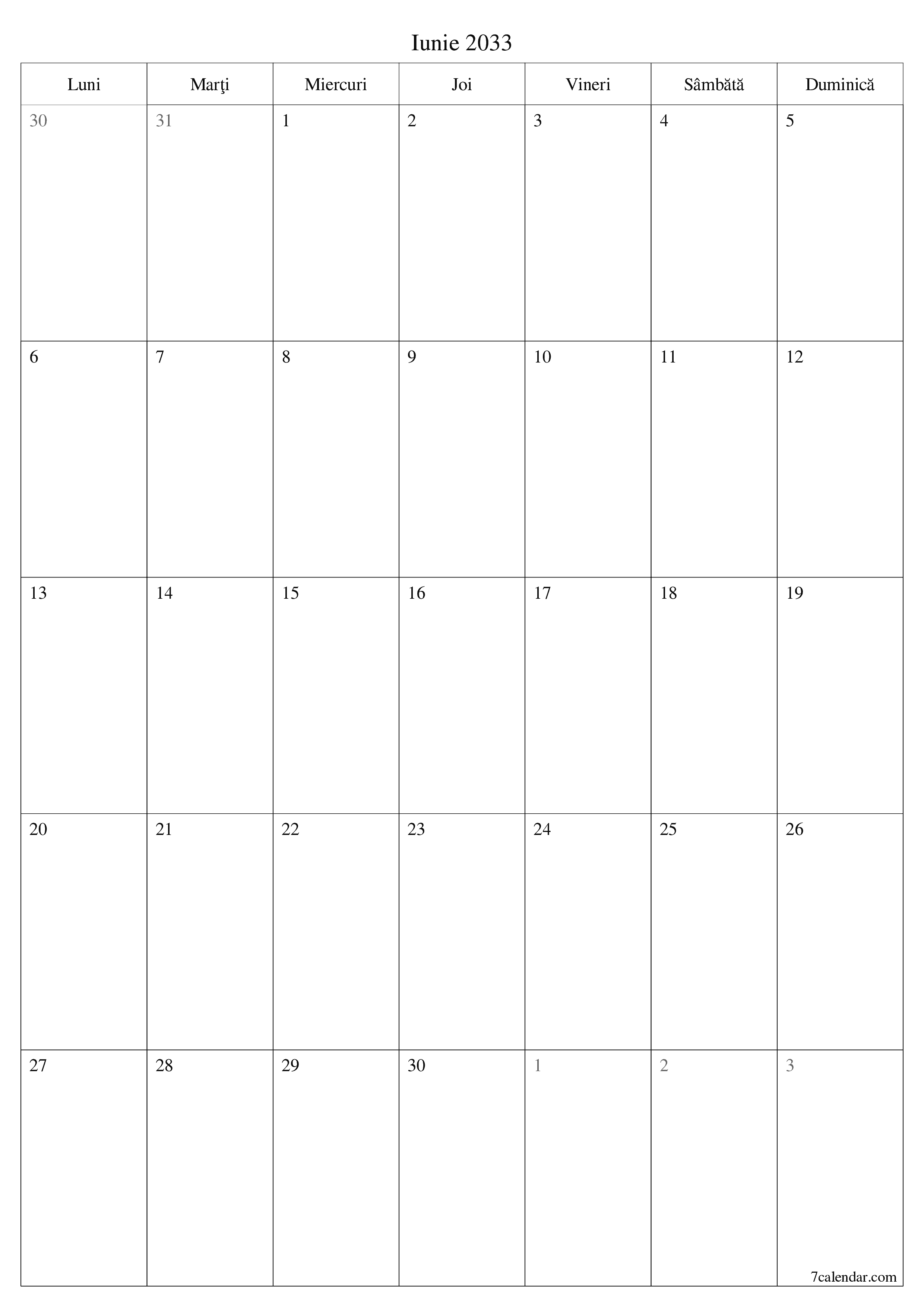  imprimabil de perete șablon de gratuitvertical Lunar planificator calendar Iunie (Iun) 2033