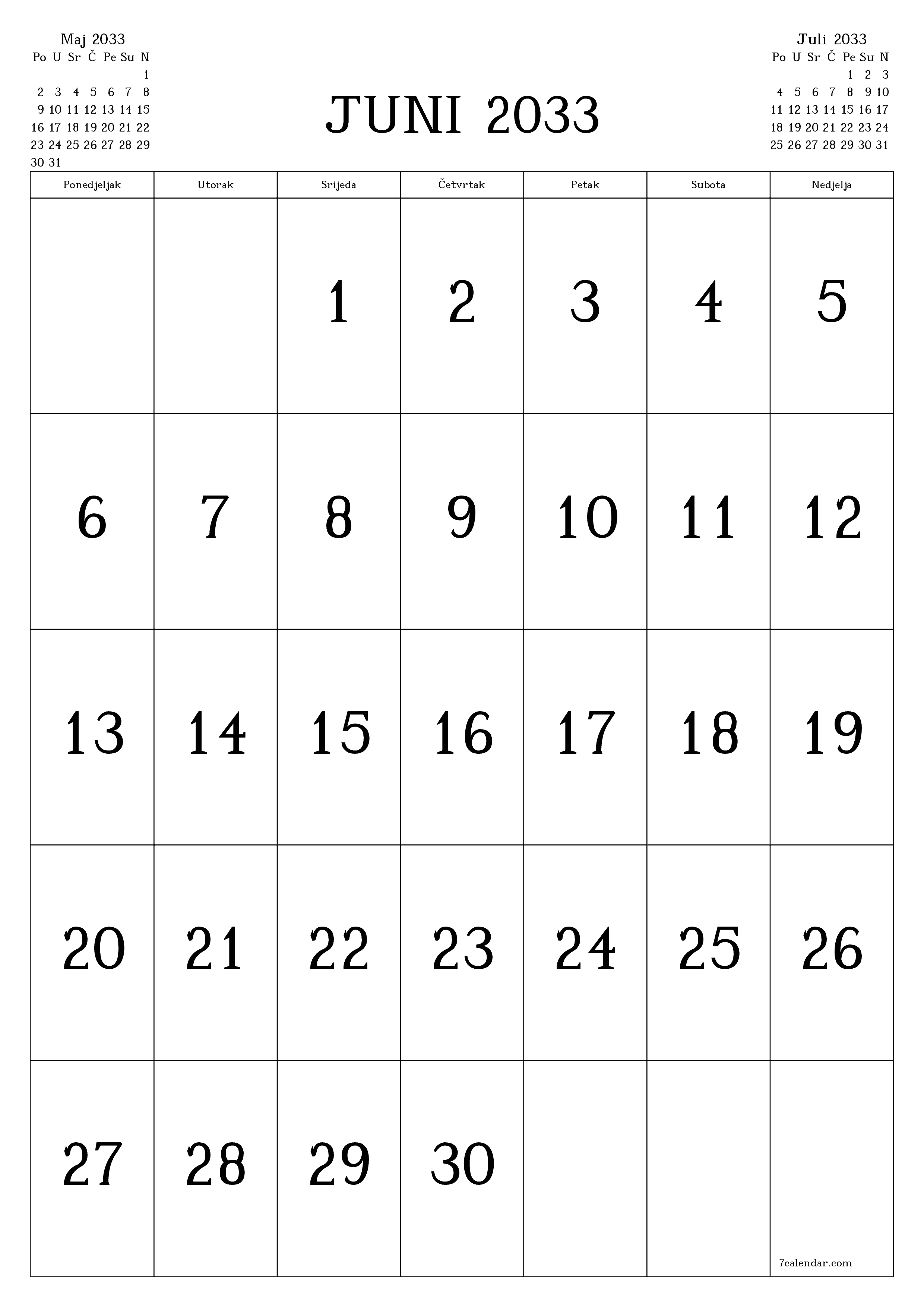  za štampanje zidni šablon a besplatni vertikalno Mjesečno kalendar Juni (Jun) 2033