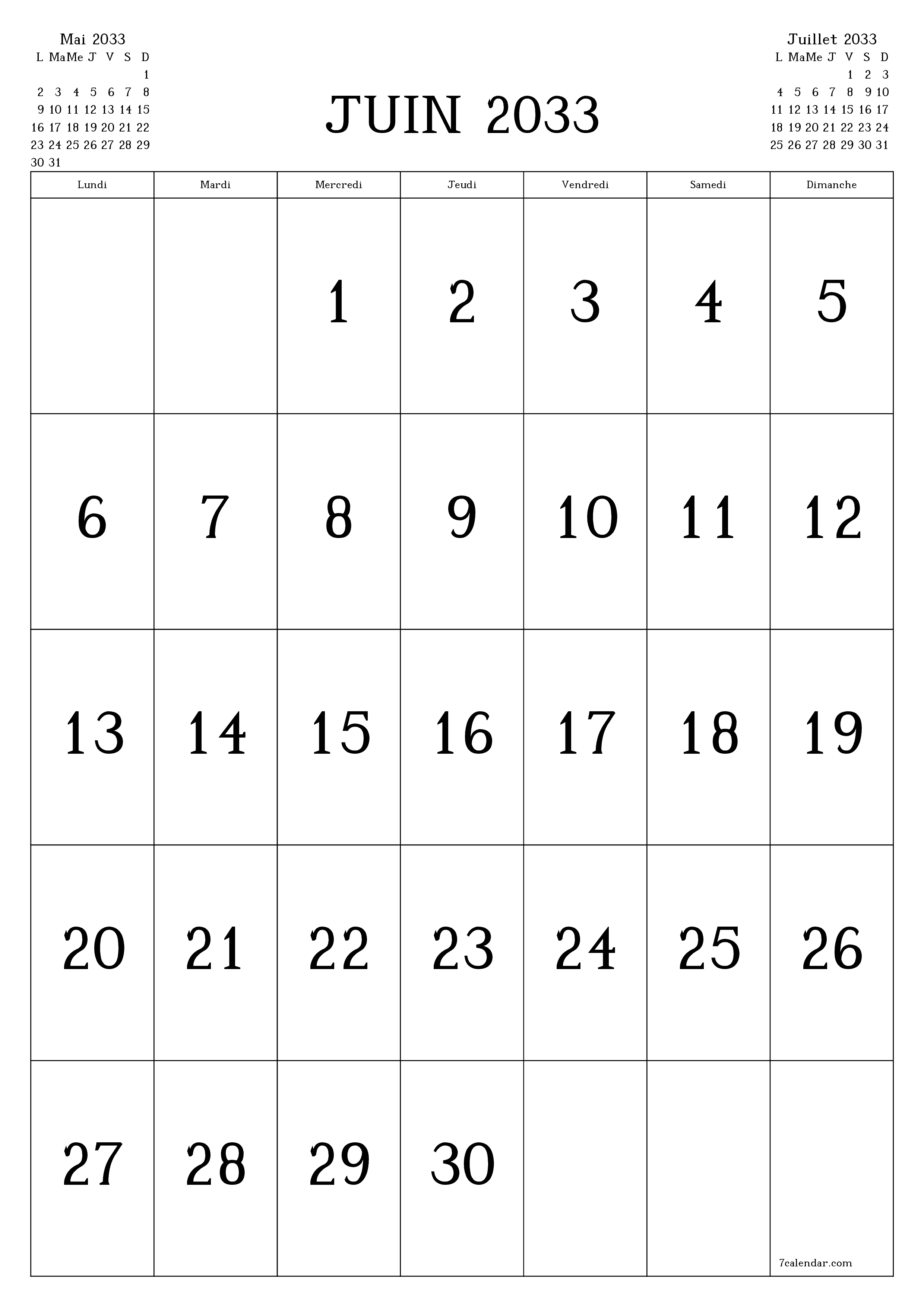  imprimable mural modèle de gratuitverticale Mensuel calendrier Juin (Jui) 2033