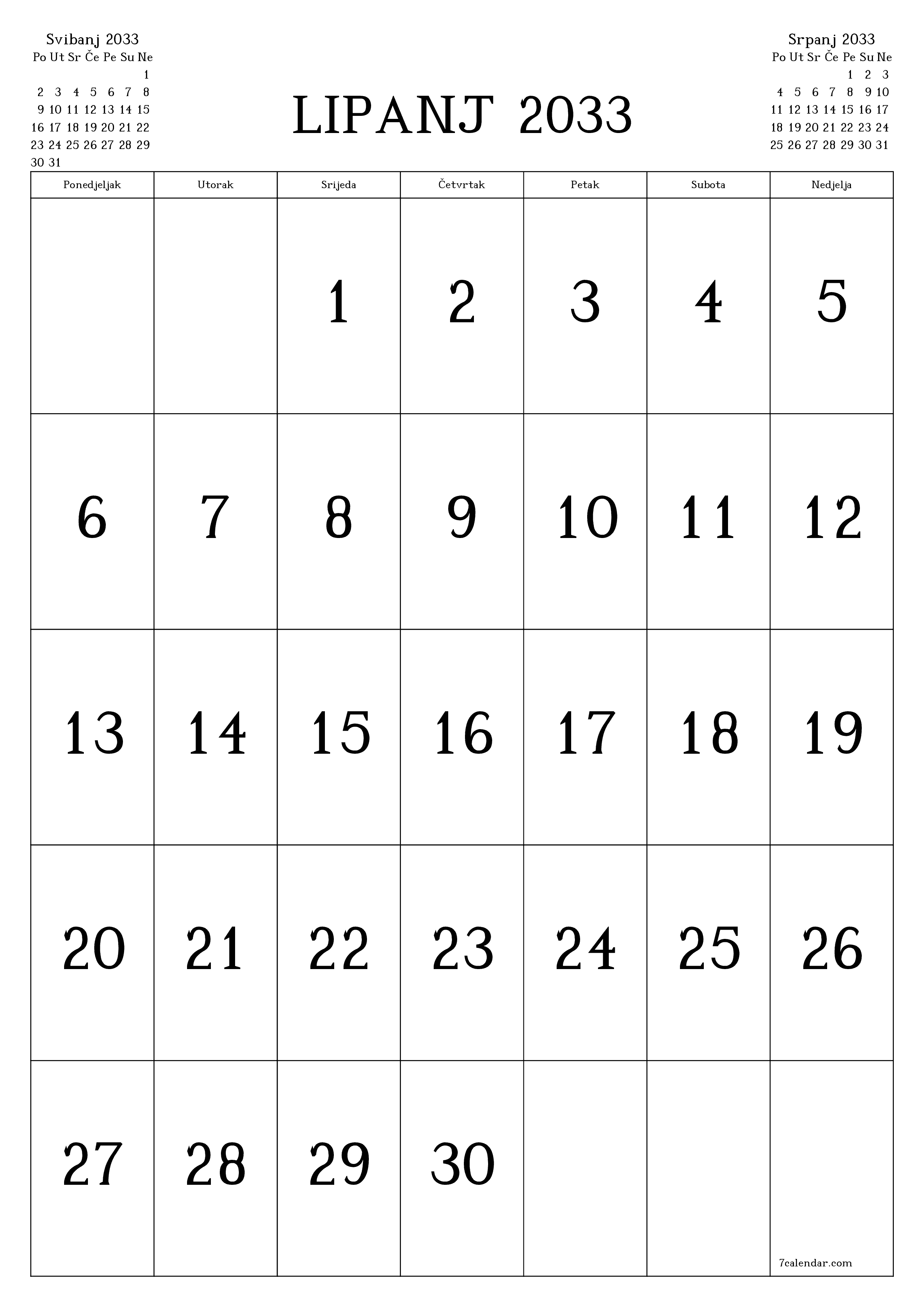  za ispis zidni predložak a besplatni okomito Mjesečni kalendar Lipanj (Lip) 2033