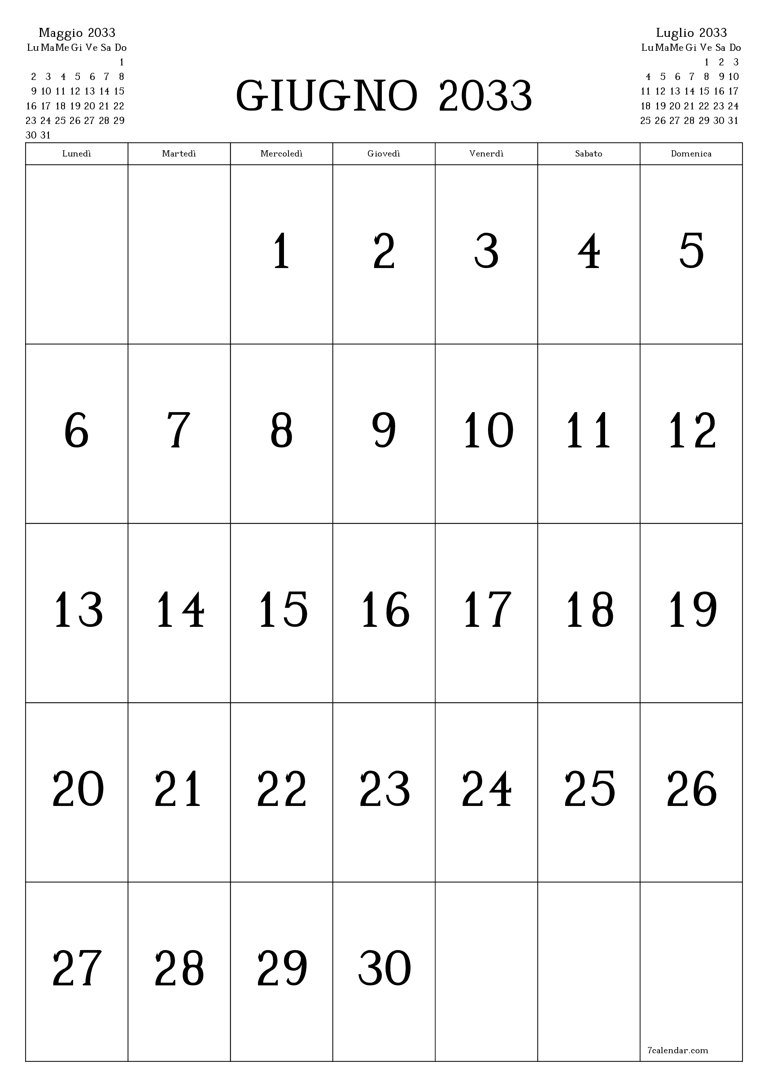  stampabile da parete modello di gratuitoverticale Mensile calendario Giugno (Giu) 2033