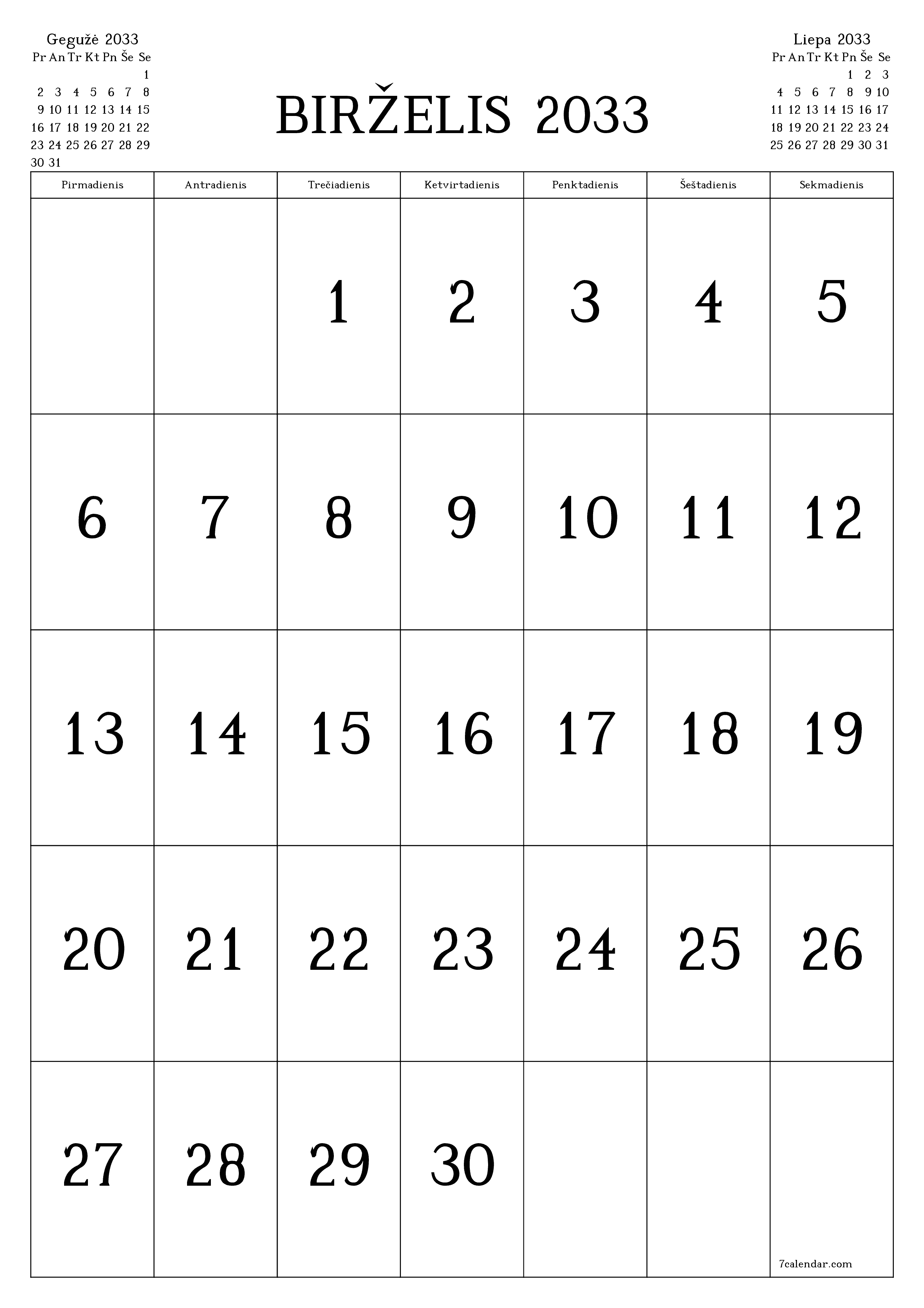 spausdinamas sieninis kalendoriaus šabloną nemokamas vertikaliai Kas mėnesį kalendorius Birželis (Bir) 2033