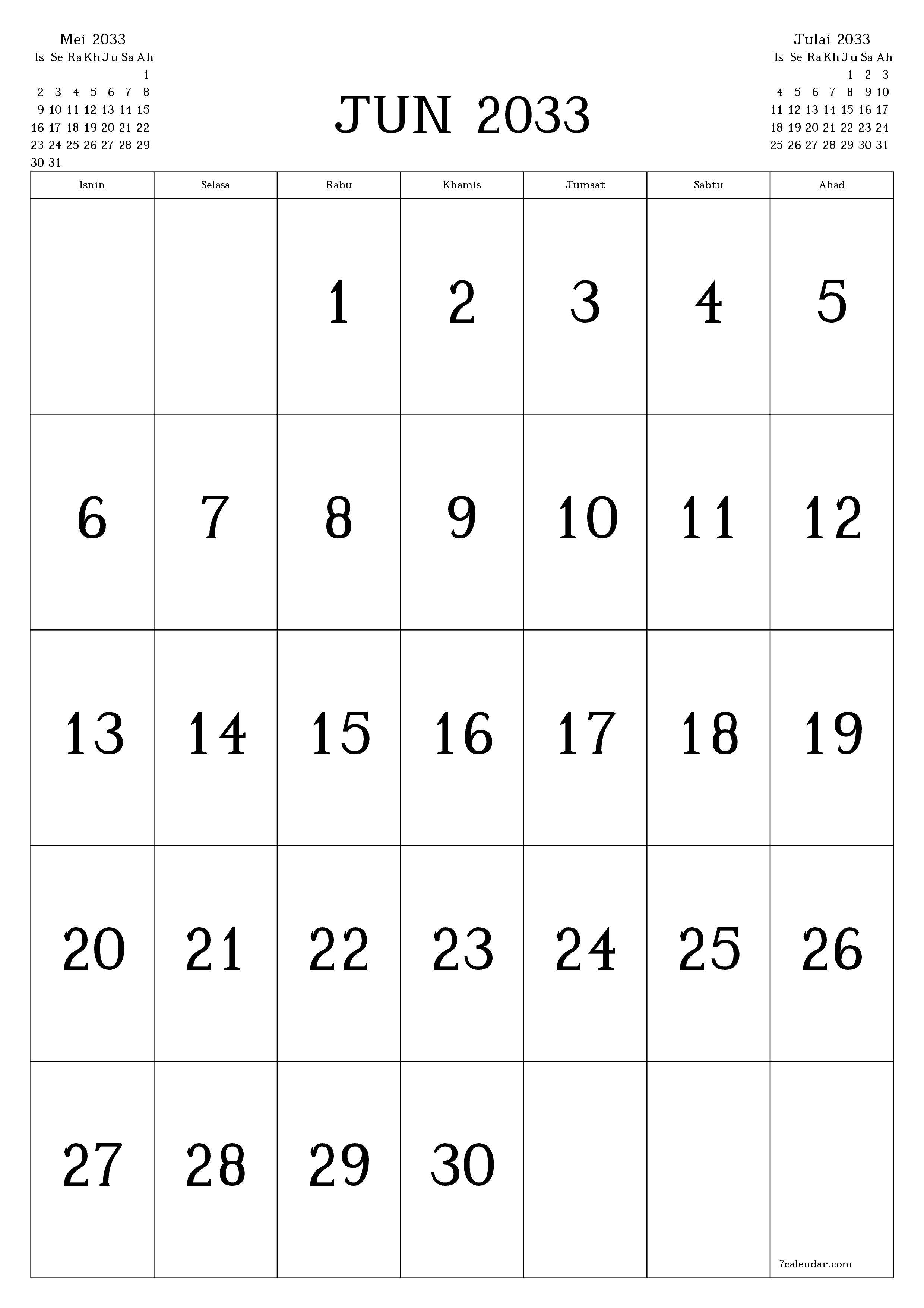  boleh cetak dinding templat percumamenegak Bulanan kalendar Jun (Jun) 2033