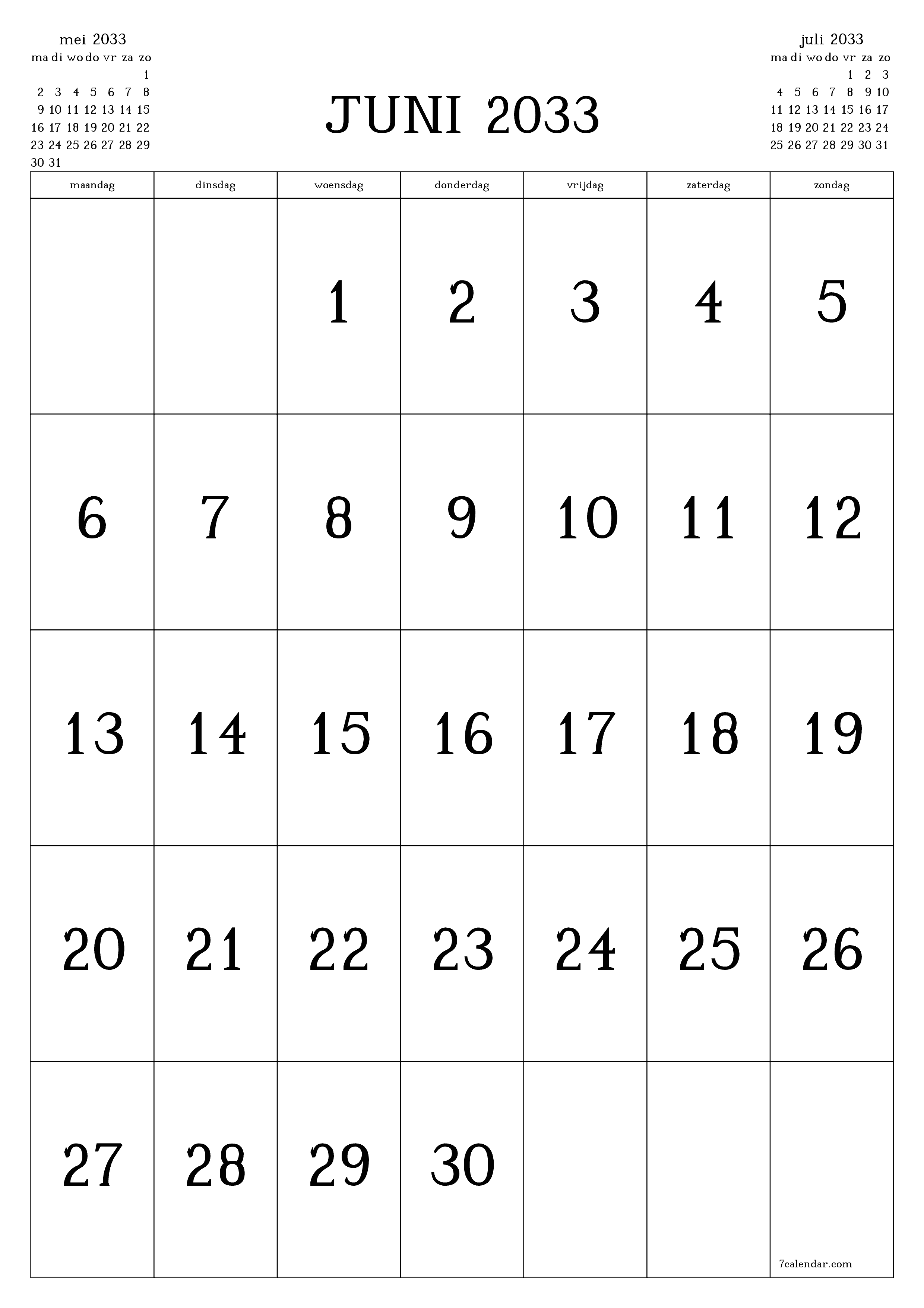 afdrukbare muur sjabloon gratis verticaal Maandelijks kalender juni (jun) 2033