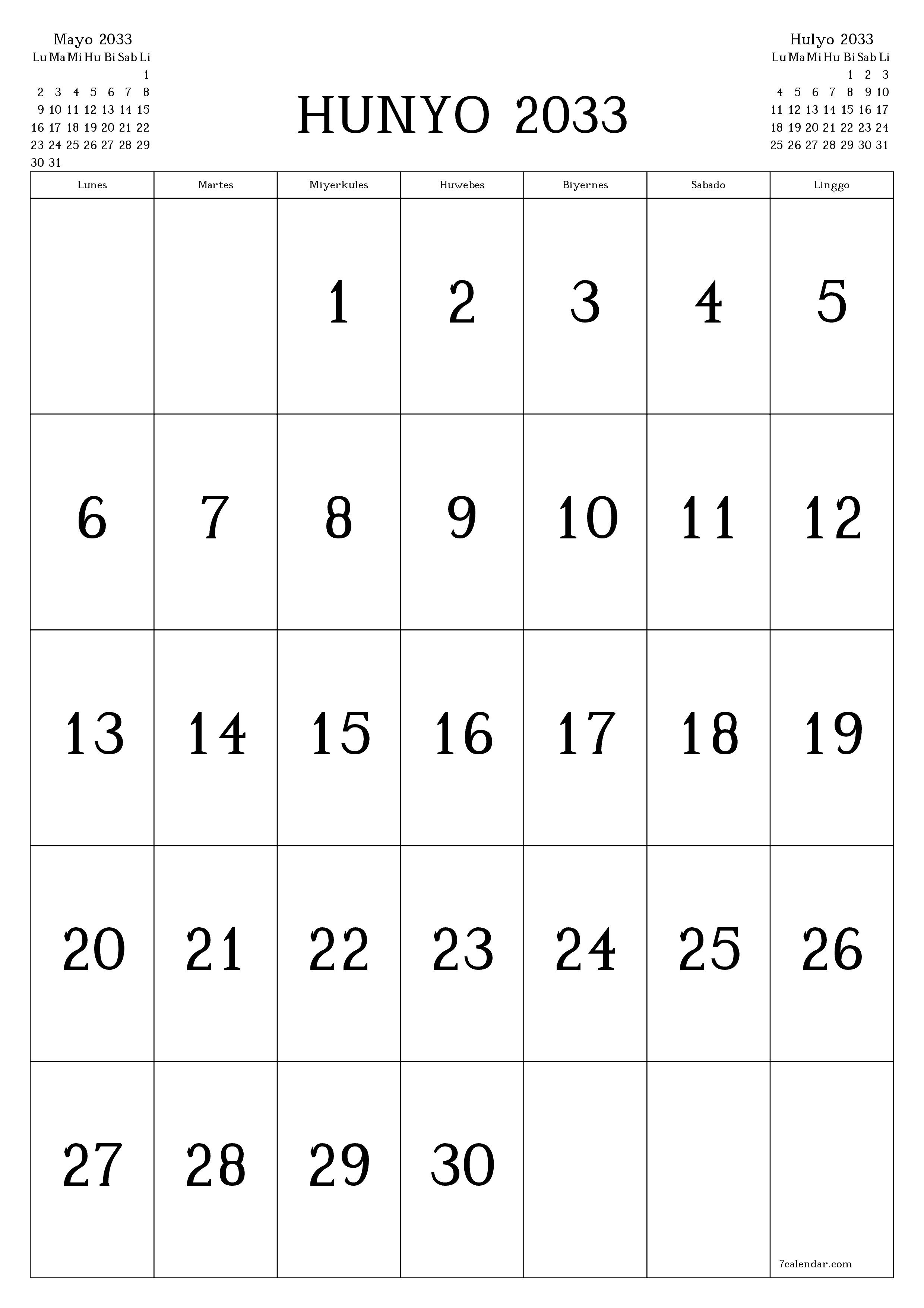 napi-print na sa dingding template ng libreng patayo Buwanang kalendaryo Hunyo (Hun) 2033