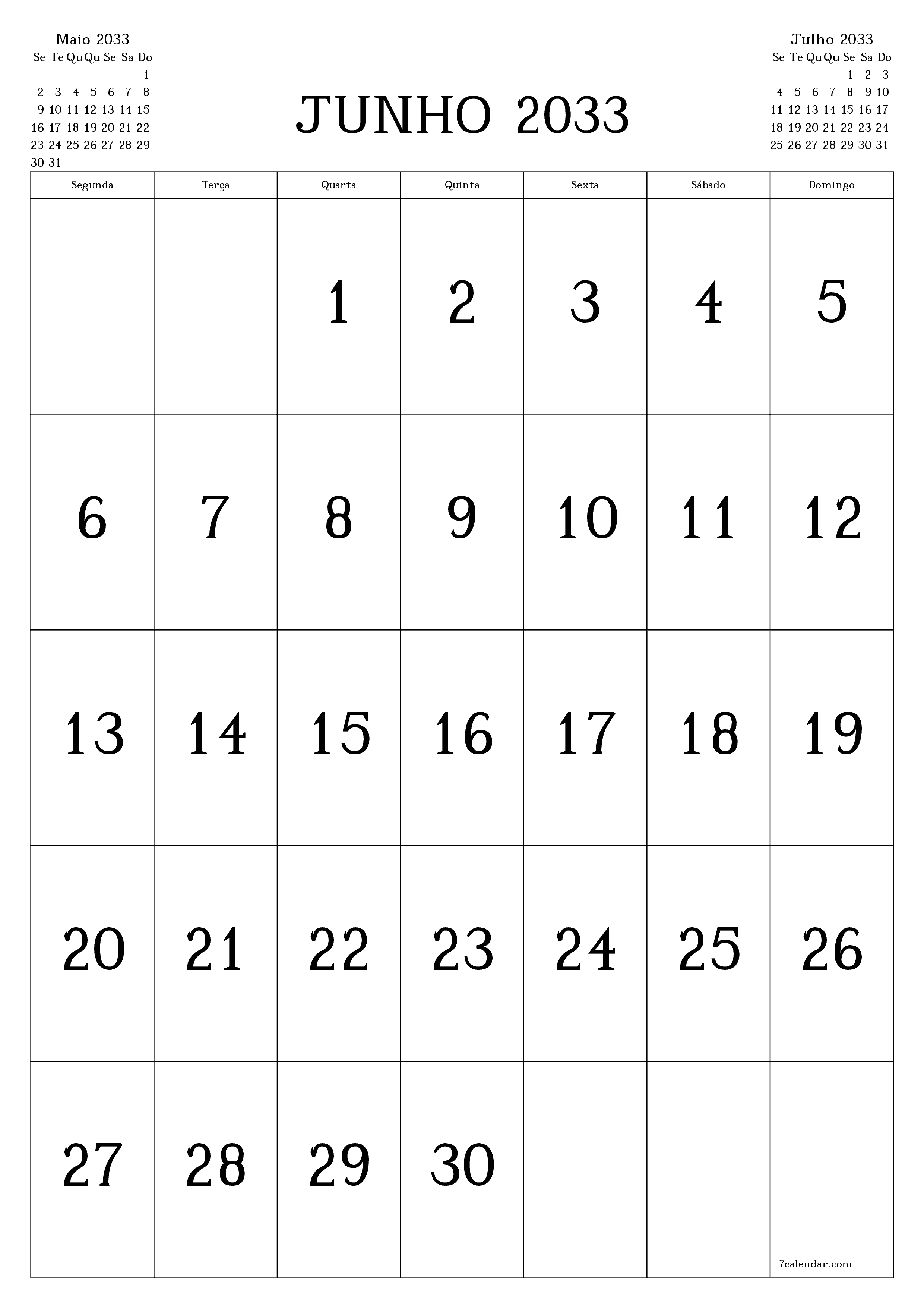  para impressão de parede modelo de grátisvertical Mensal calendário Junho (Jun) 2033