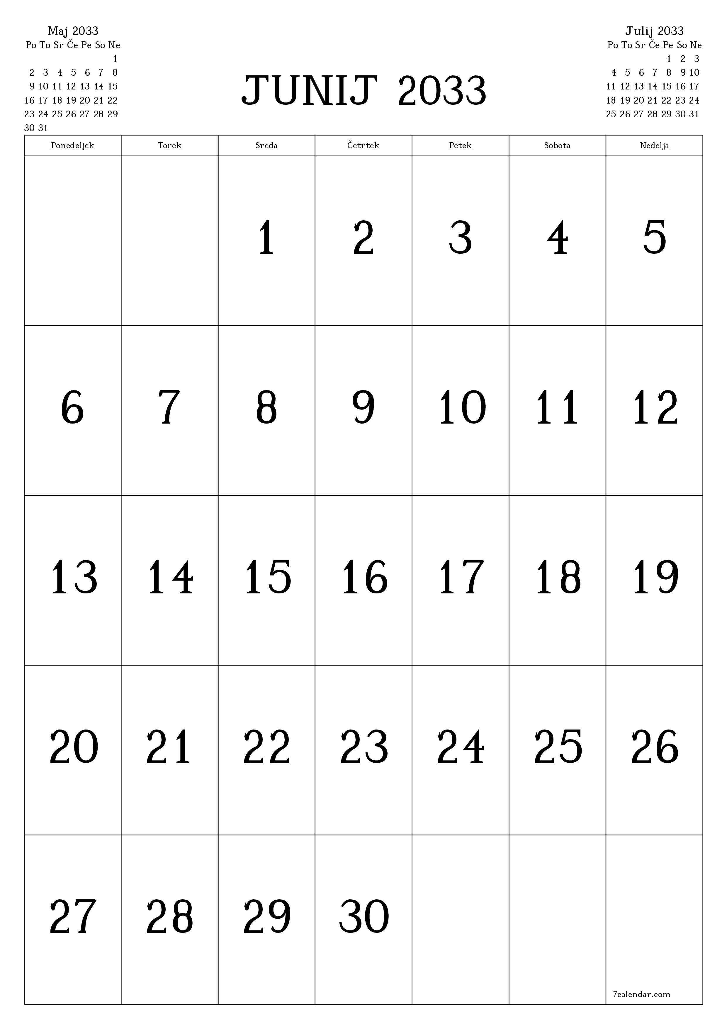 natisljiv stenski ska predloga brezplačni vertical Mesečno koledar Junij (Jun) 2033