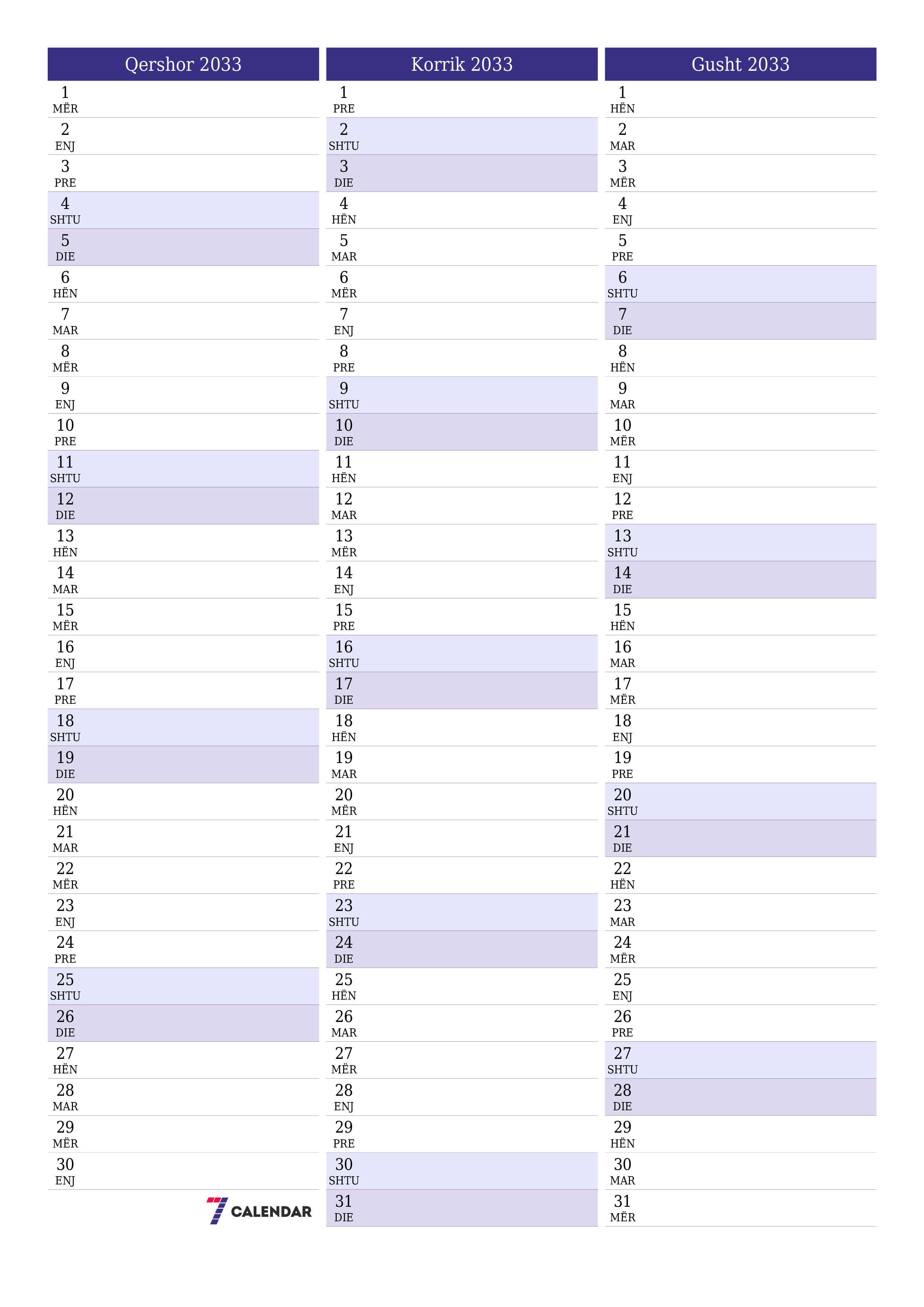 Planifikuesi i zbrazët i kalendarit mujor për muajin Qershor 2033 me shënime të ruajtura dhe të printuara në PDF PNG Albanian