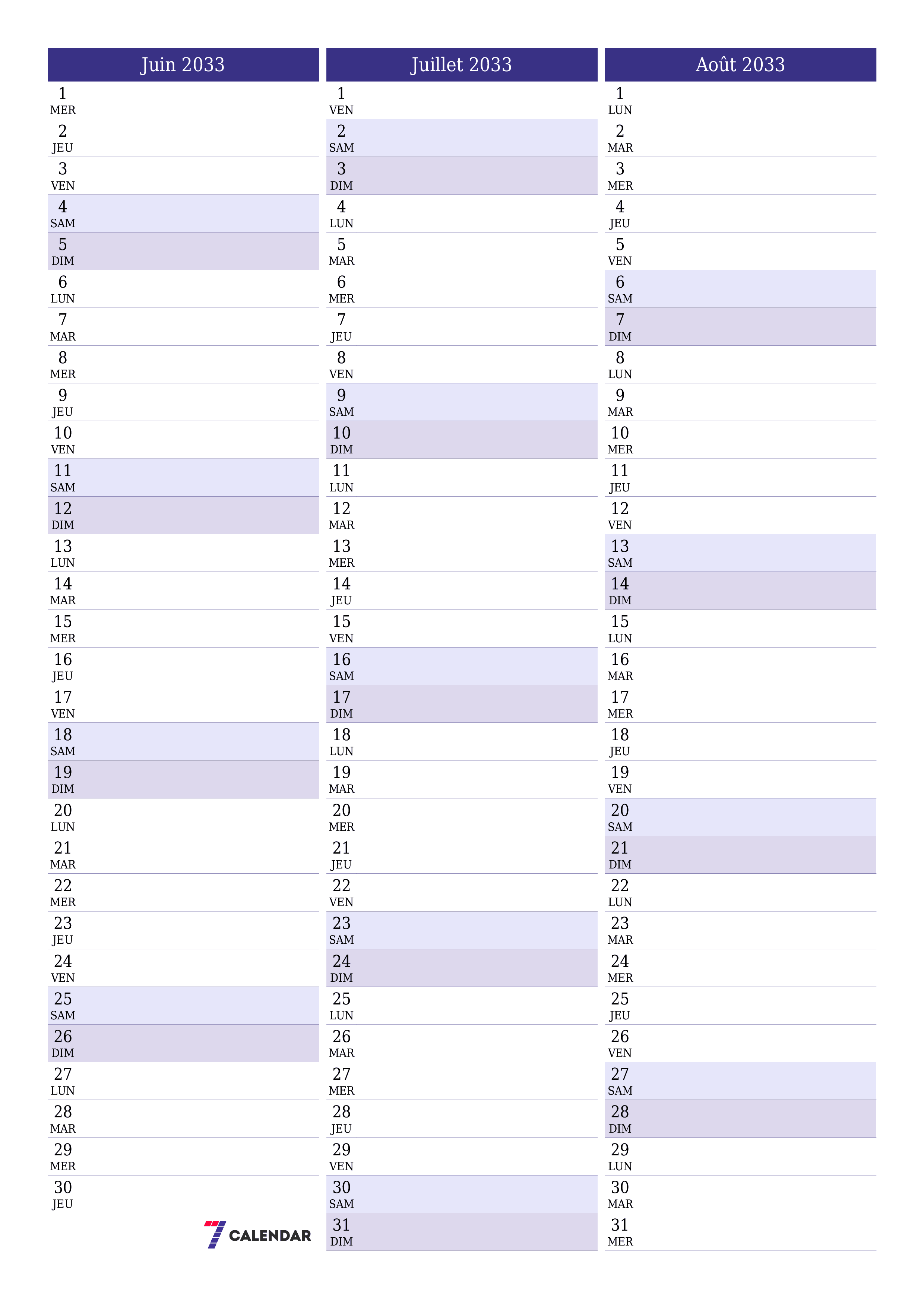 Agenda mensuel vide pour le mois Juin 2033 avec notes, enregistrez et imprimez au format PDF PNG French