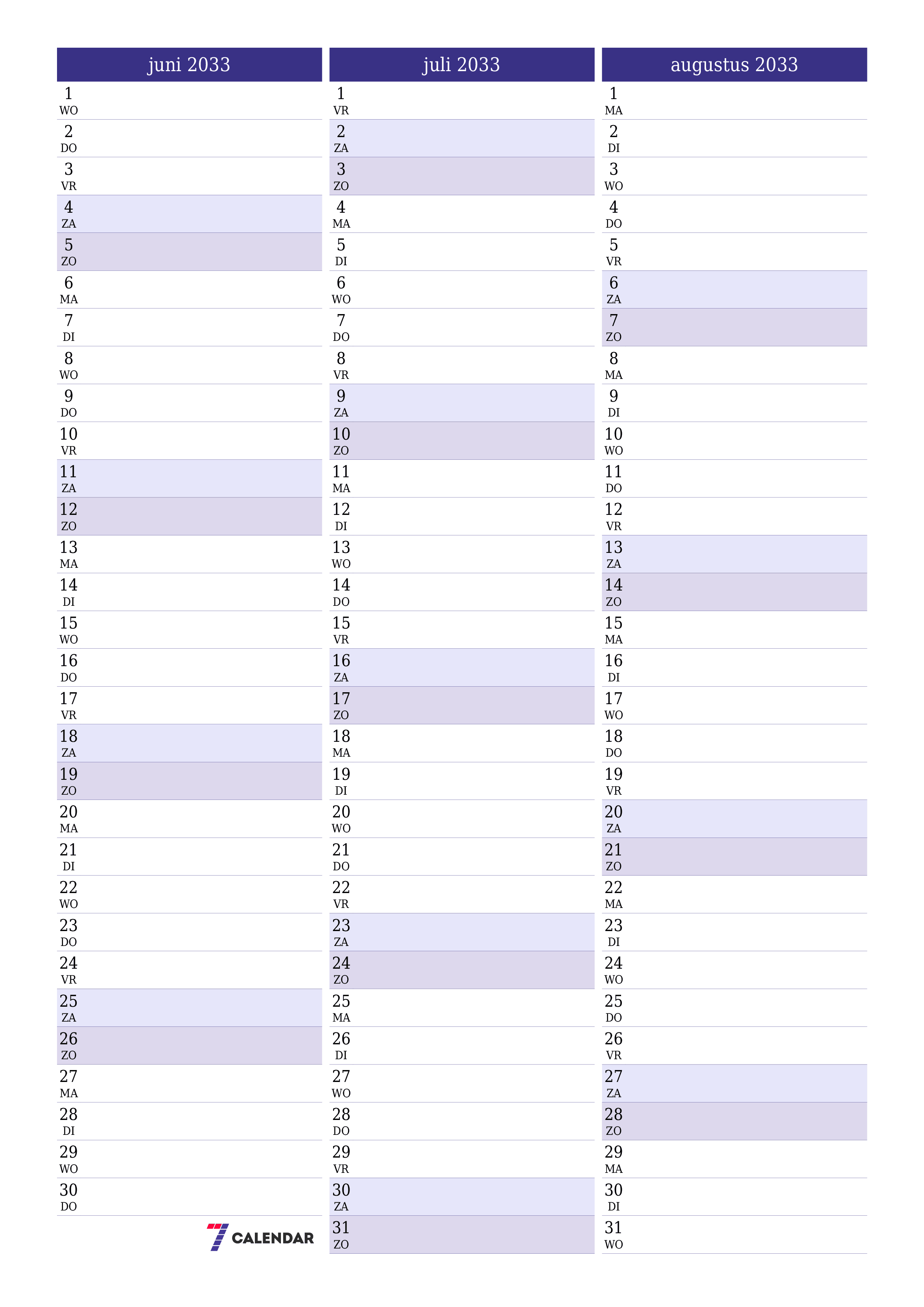 afdrukbare muur sjabloon gratis verticaal Maandelijks planner kalender juni (jun) 2033