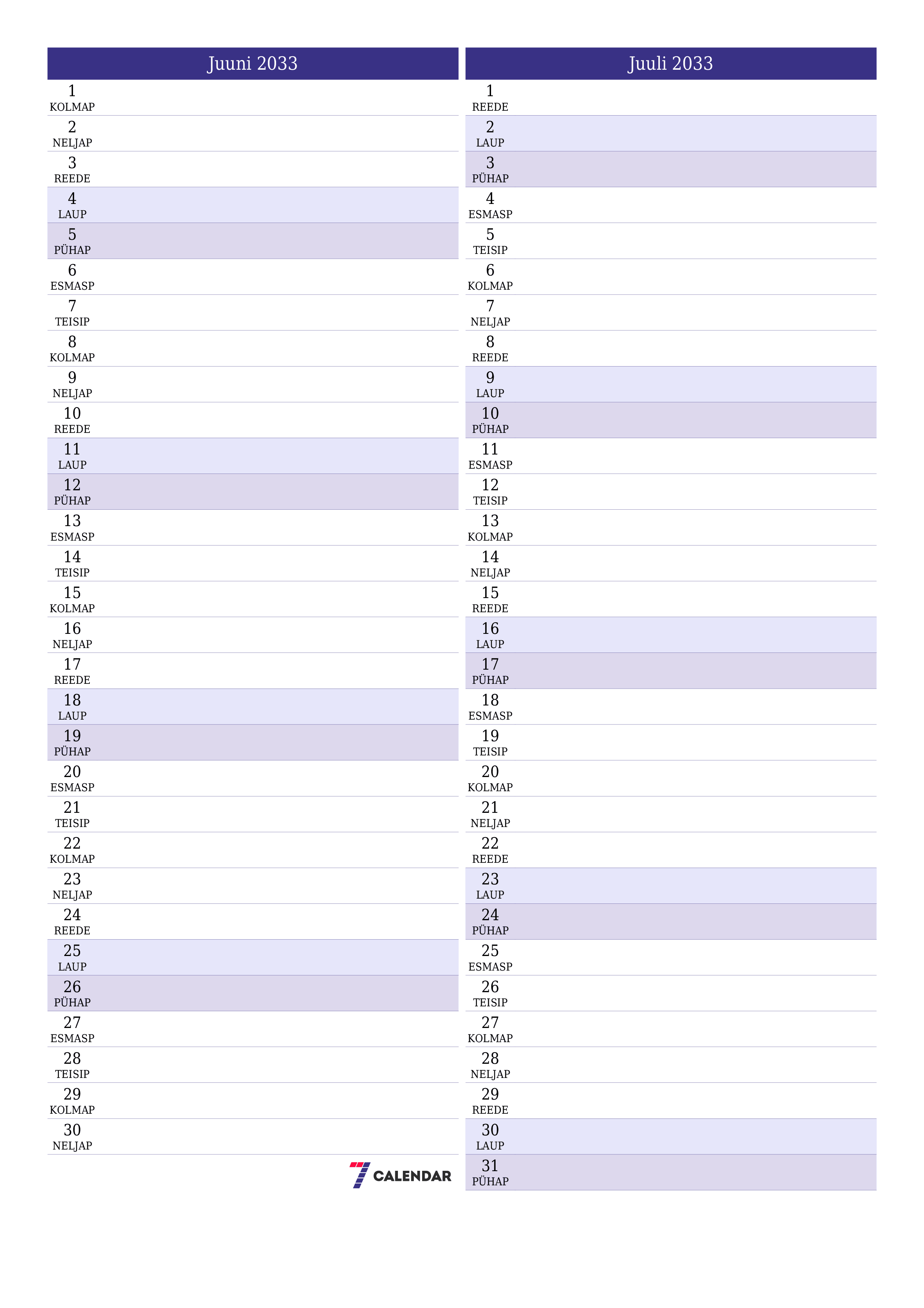 Tühjendage kuu Juuni 2033 kuuplaneerija märkmetega, salvestage ja printige PDF-i PNG Estonian