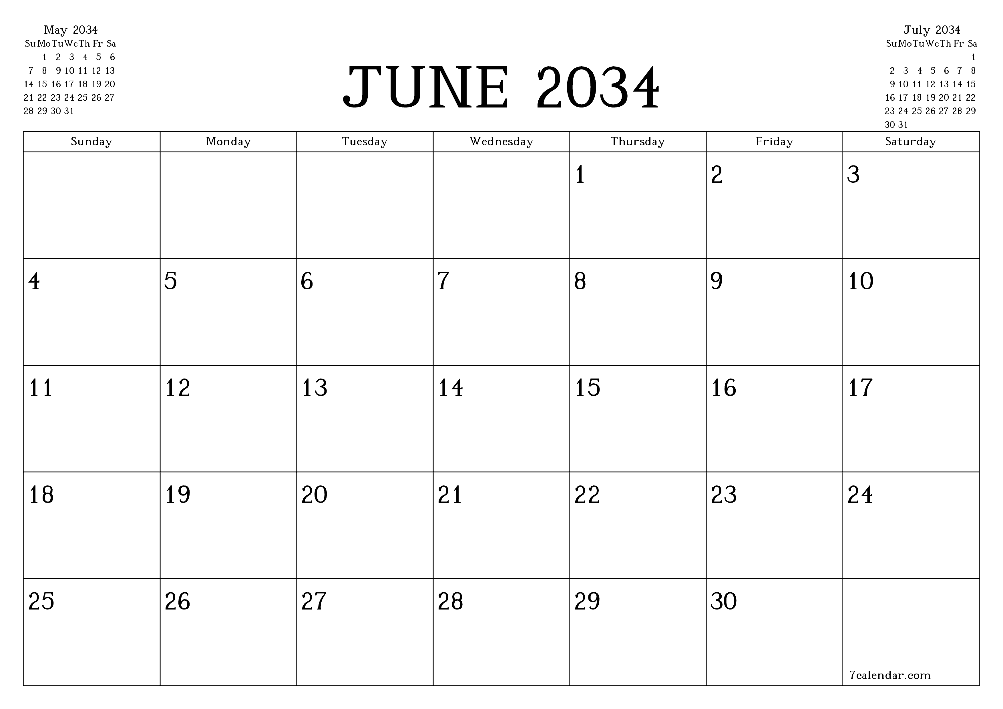 Blank calendar June 2034