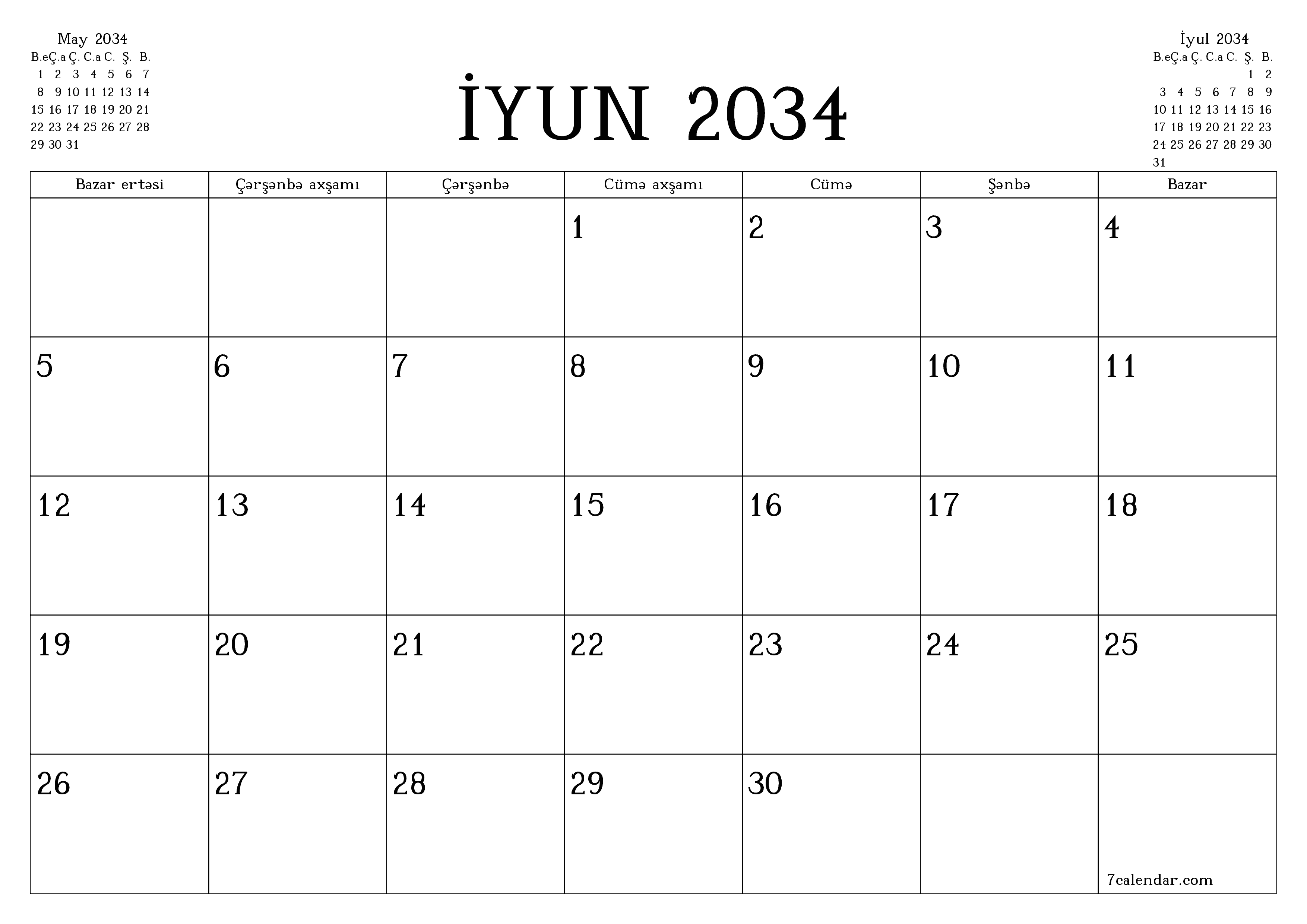 İyun 2034 ayı üçün qeydlər ilə boş aylıq planlayıcı, qeyd edin və PDF-ə yazdırın PNG Azerbaijani
