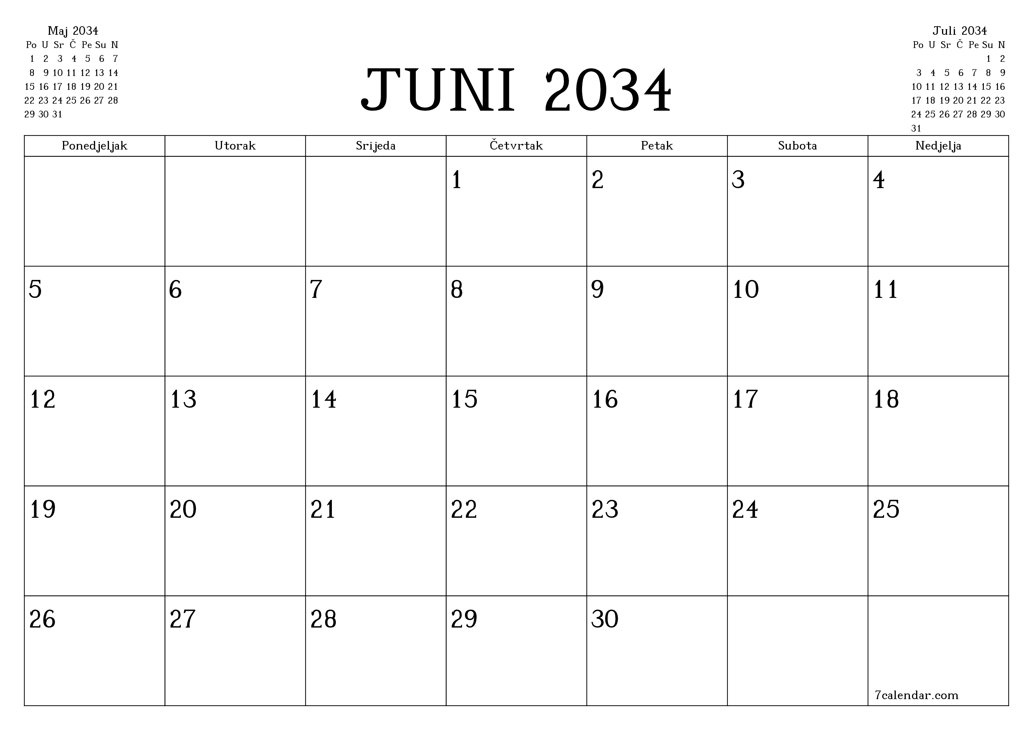 Ispraznite mjesečni planer za mjesec Juni 2034 s bilješkama, spremite i ispišite u PDF PNG Bosnian