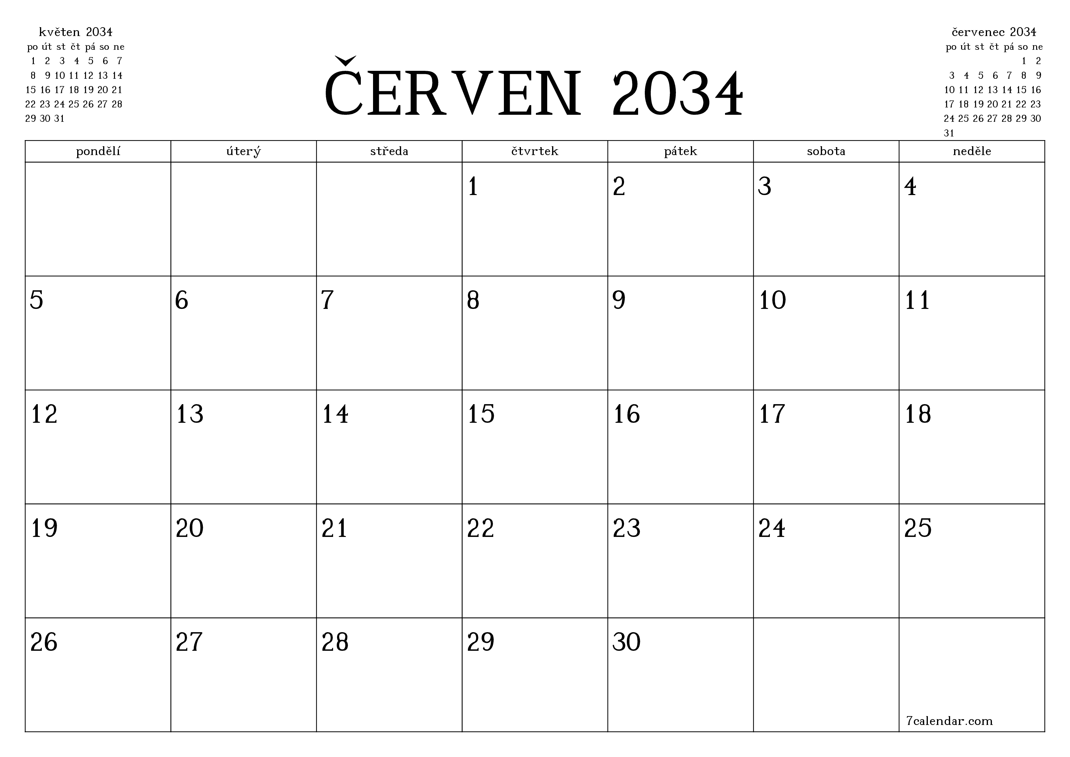 Vyprázdnit měsíční plánovač na měsíc červen 2034 s poznámkami, uložit a vytisknout do PDF PNG Czech