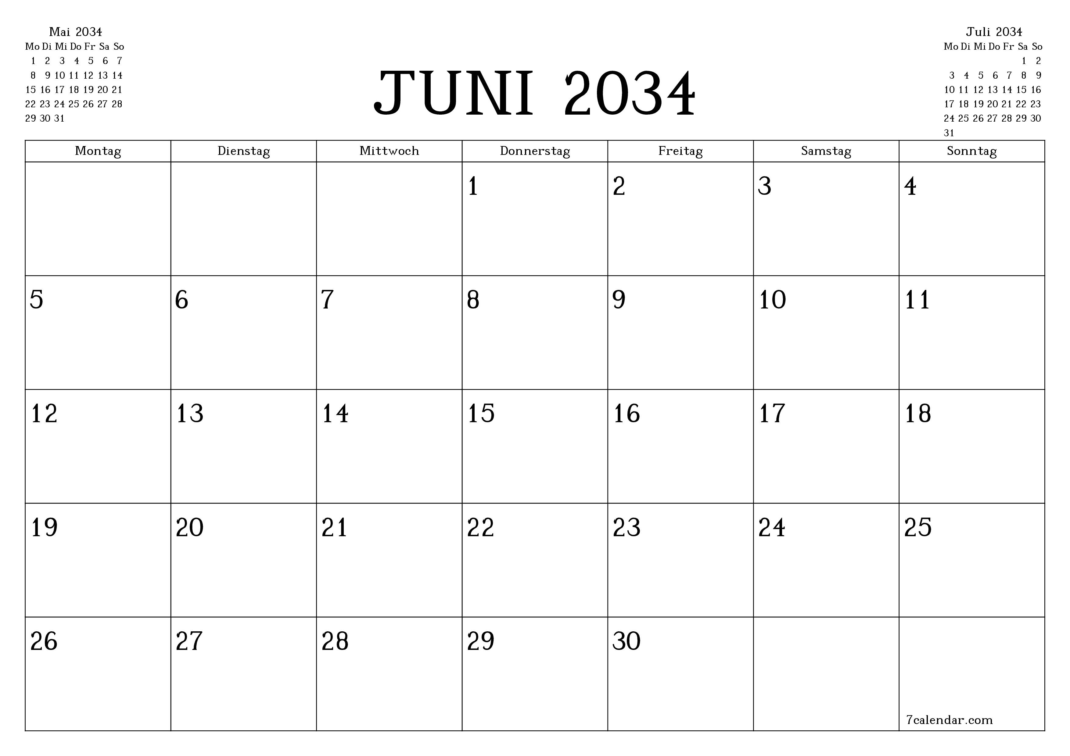 Monatsplaner für Monat Juni 2034 mit Notizen leeren, speichern und als PDF PNG German - 7calendar.com drucken
