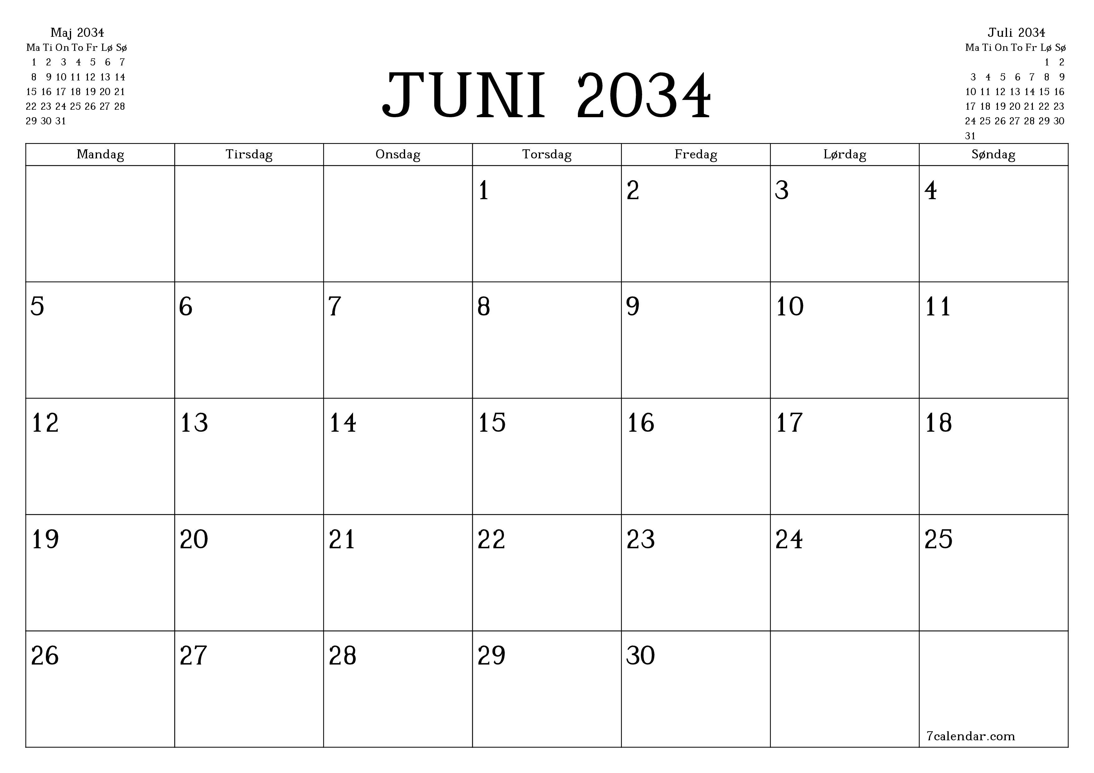 Tom månedlig planlægning for måned Juni 2034 med noter, gem og udskriv til PDF PNG Danish
