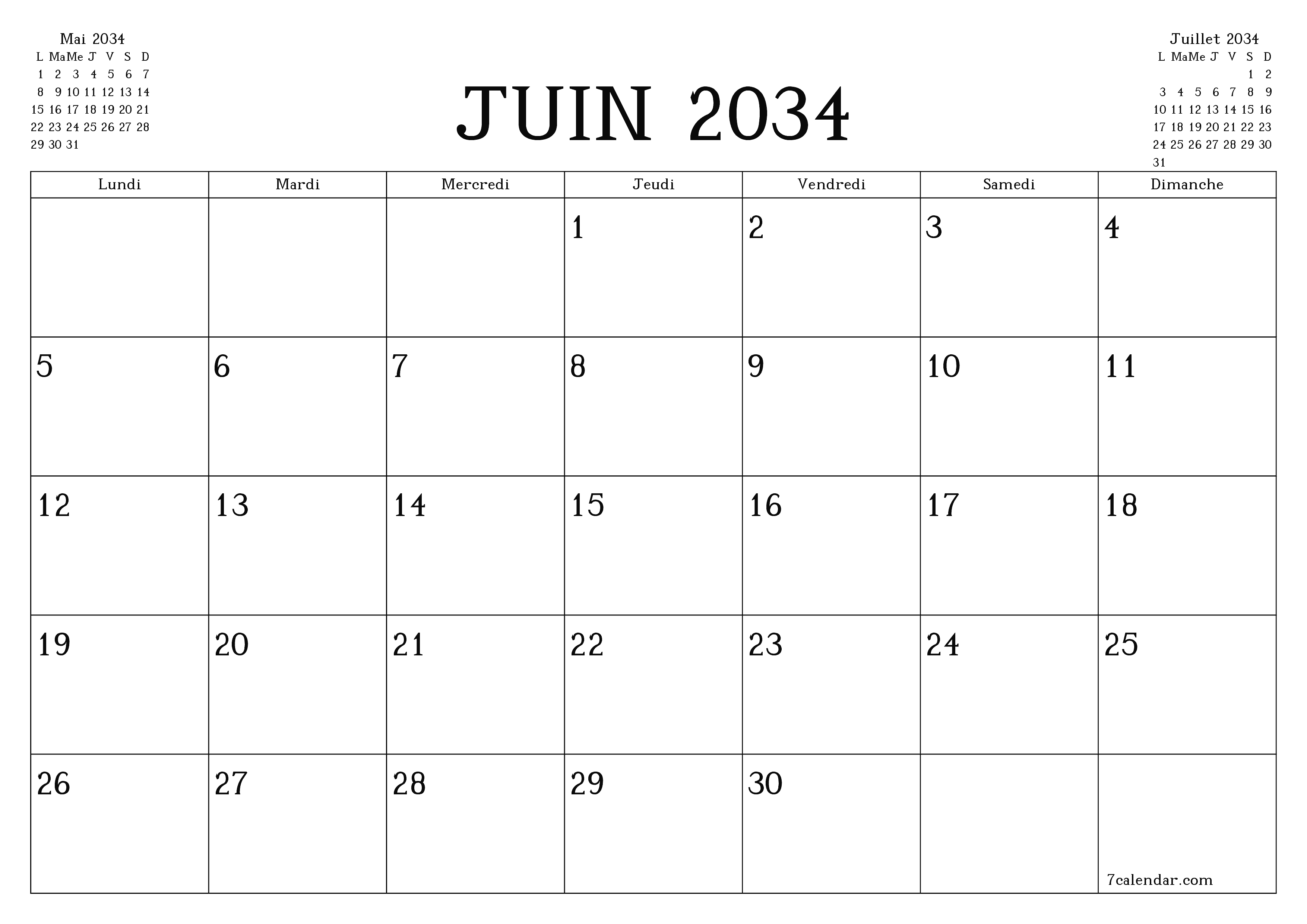 Agenda mensuel vide pour le mois Juin 2034 avec notes, enregistrez et imprimez au format PDF PNG French