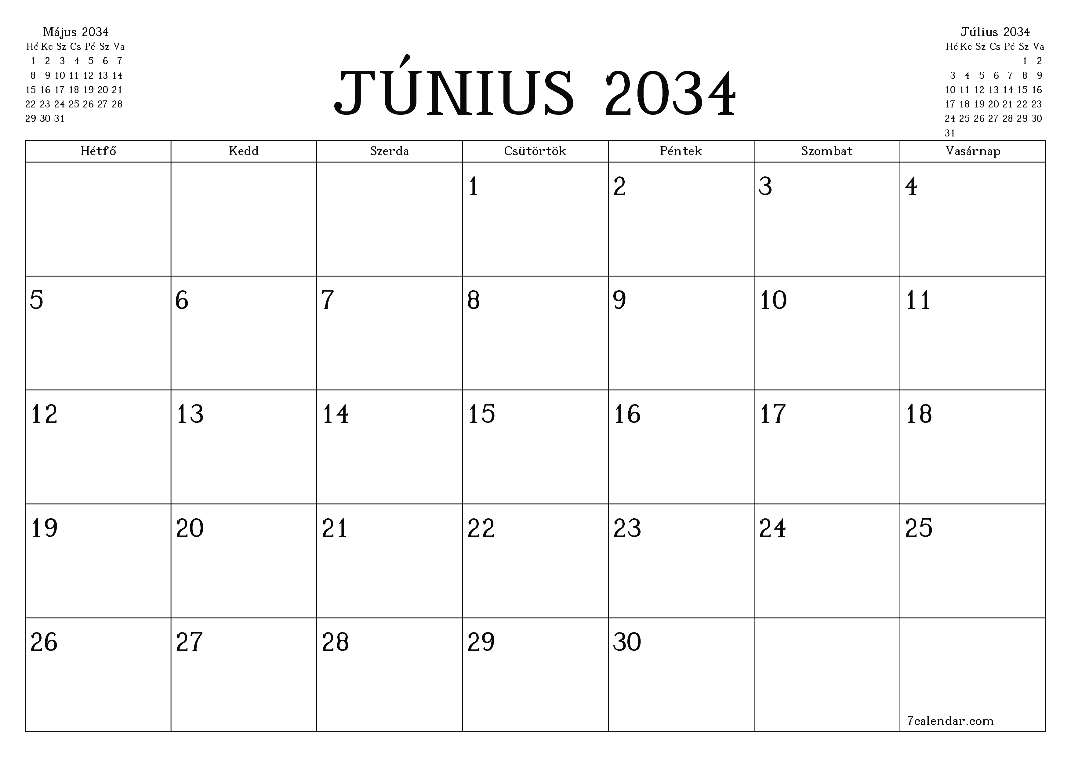 Üres havi tervező a Június 2034 hónapra jegyzetekkel, mentés és nyomtatás PDF-be PNG Hungarian