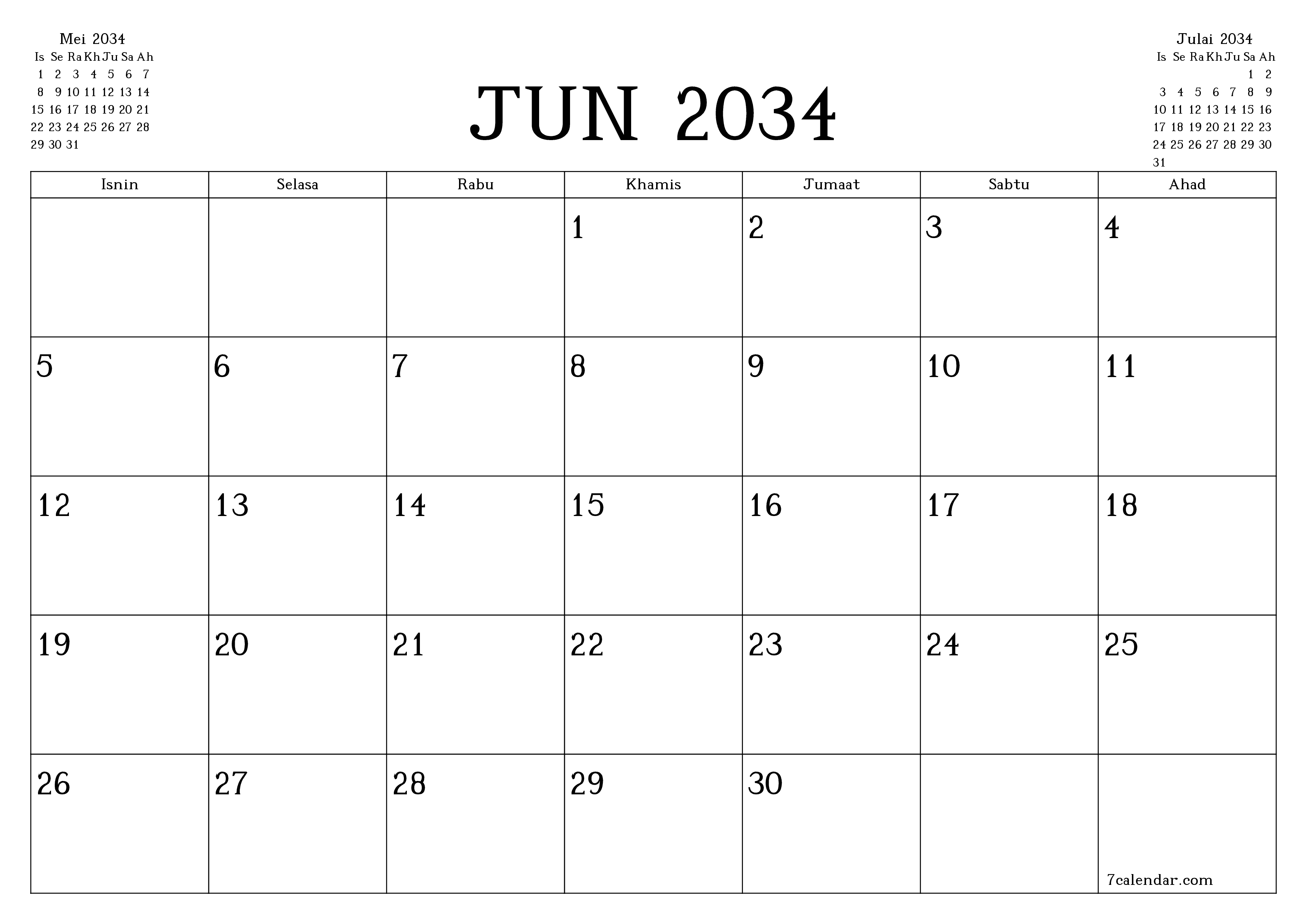 Perancang bulanan kosong untuk bulan Jun 2034 dengan nota, simpan dan cetak ke PDF PNG Malay