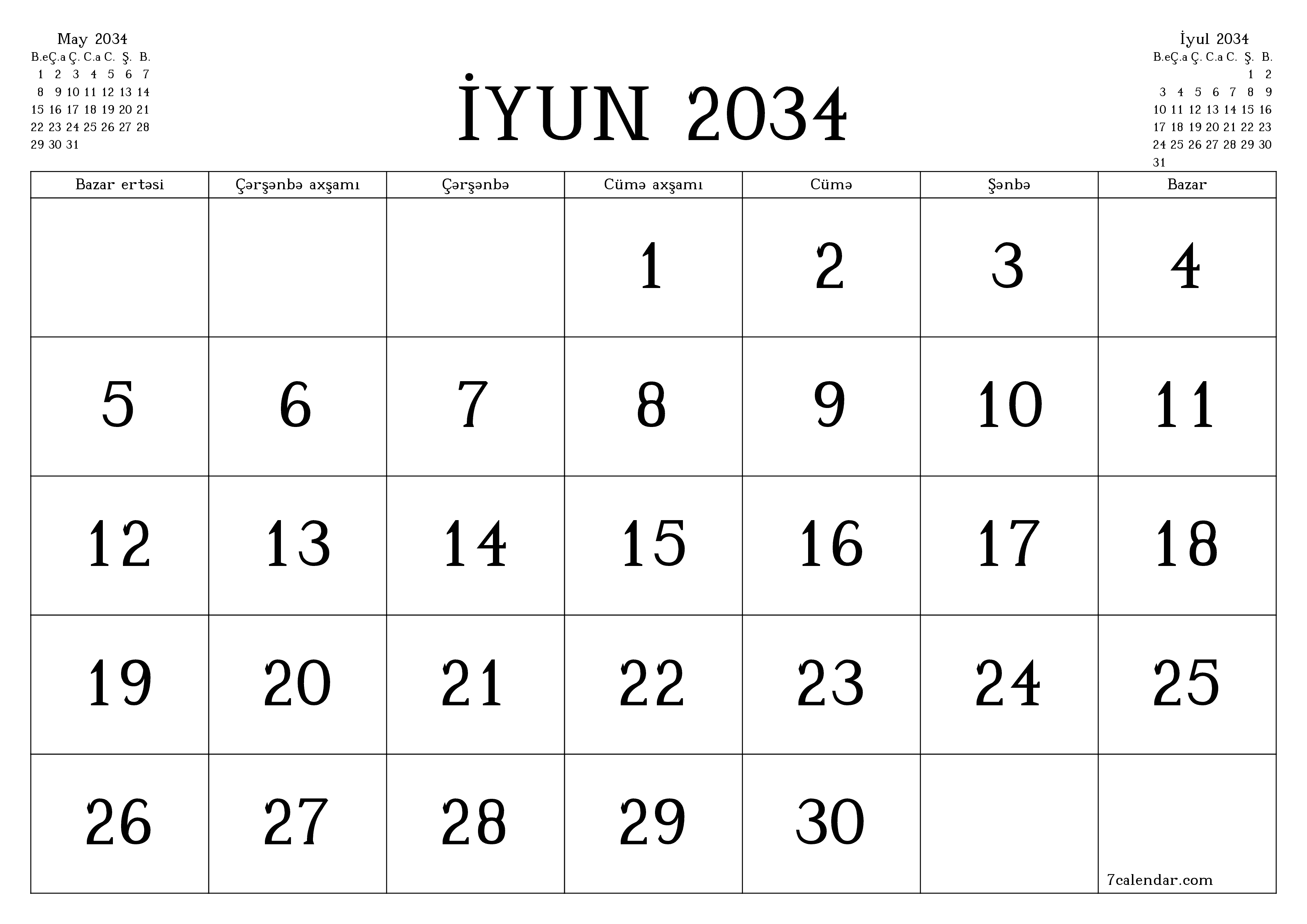 İyun 2034 ayı üçün qeydlər ilə boş aylıq planlayıcı, qeyd edin və PDF-ə yazdırın PNG Azerbaijani