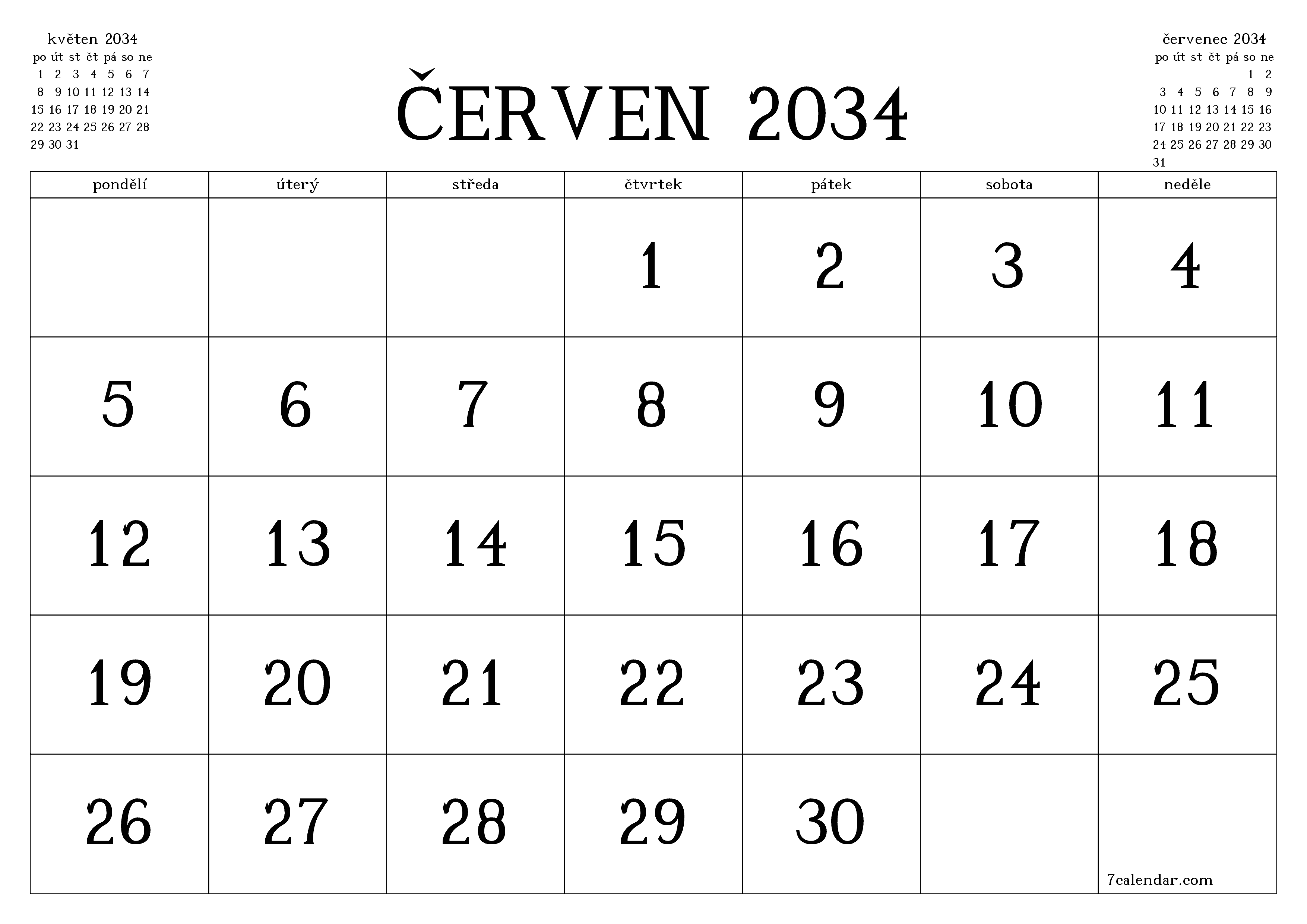 Vyprázdnit měsíční plánovač na měsíc červen 2034 s poznámkami, uložit a vytisknout do PDF PNG Czech