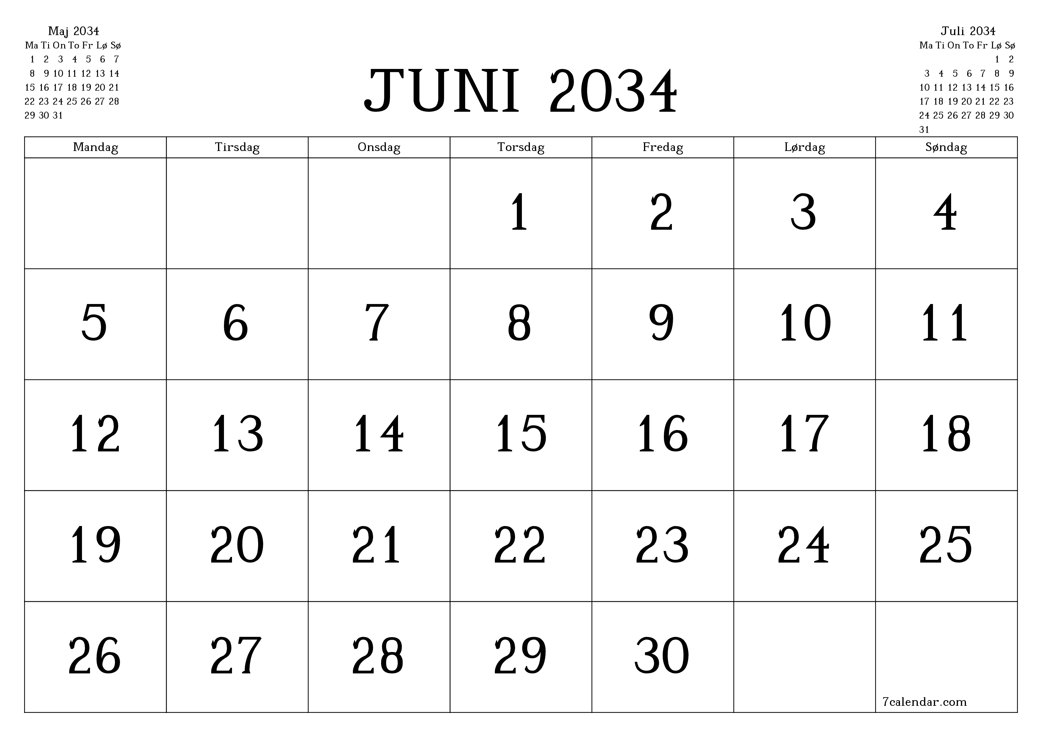 Tom månedlig planlægning for måned Juni 2034 med noter, gem og udskriv til PDF PNG Danish