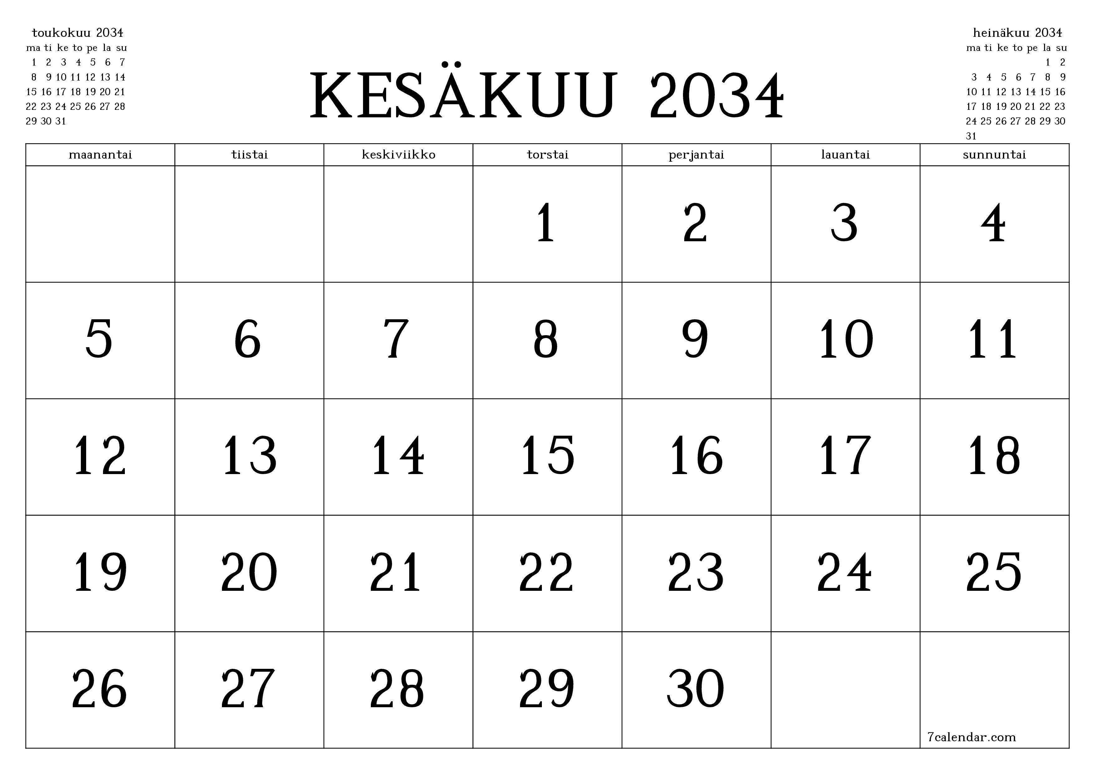 Tyhjennä kuukausittainen suunnittelija kuukaudelle Kesäkuu 2034 muistiinpanoilla, tallenna ja tulosta PDF-muotoon PNG Finnish