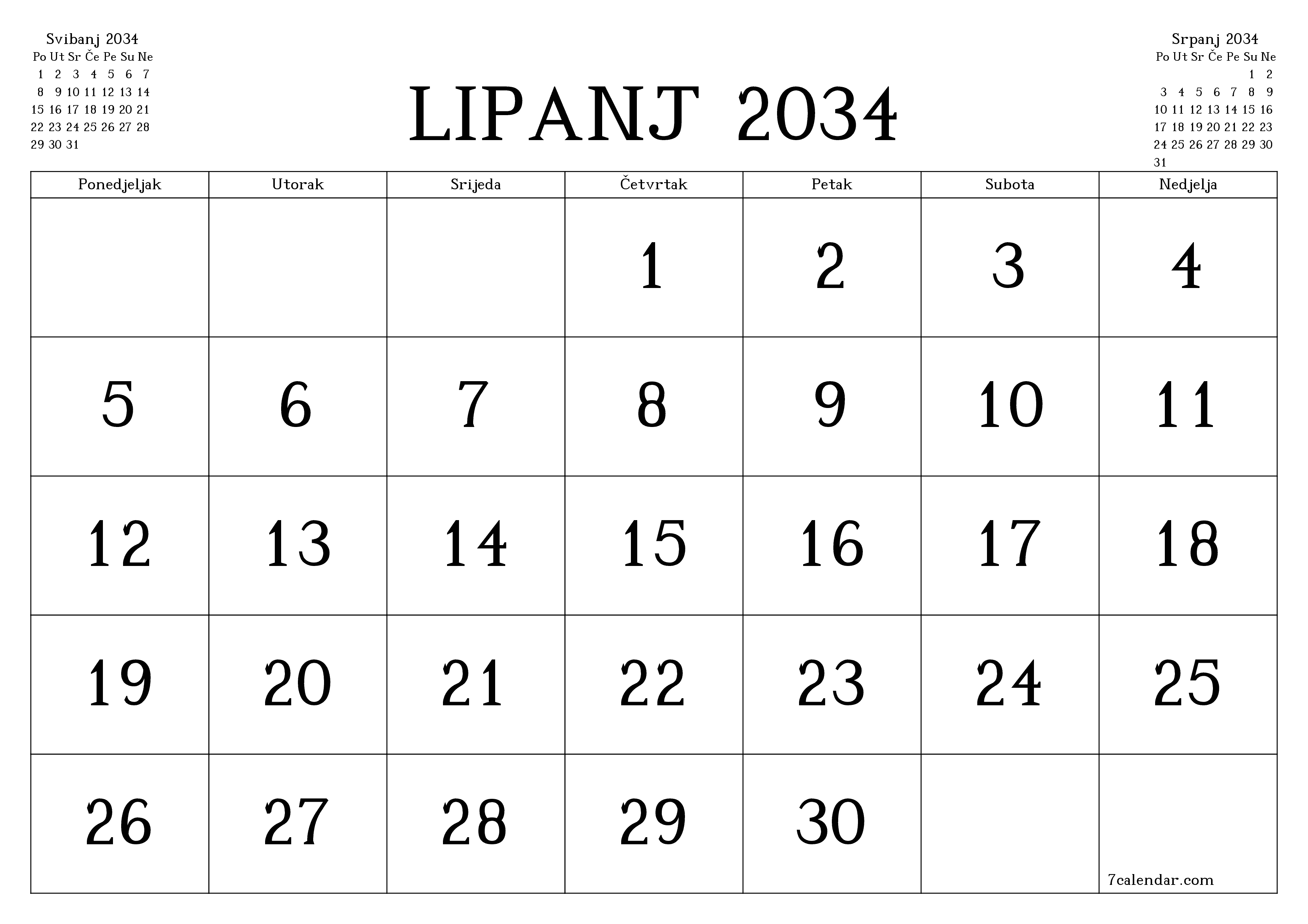 Ispraznite mjesečni planer za mjesec Lipanj 2034 s bilješkama, spremite i ispišite u PDF PNG Croatian