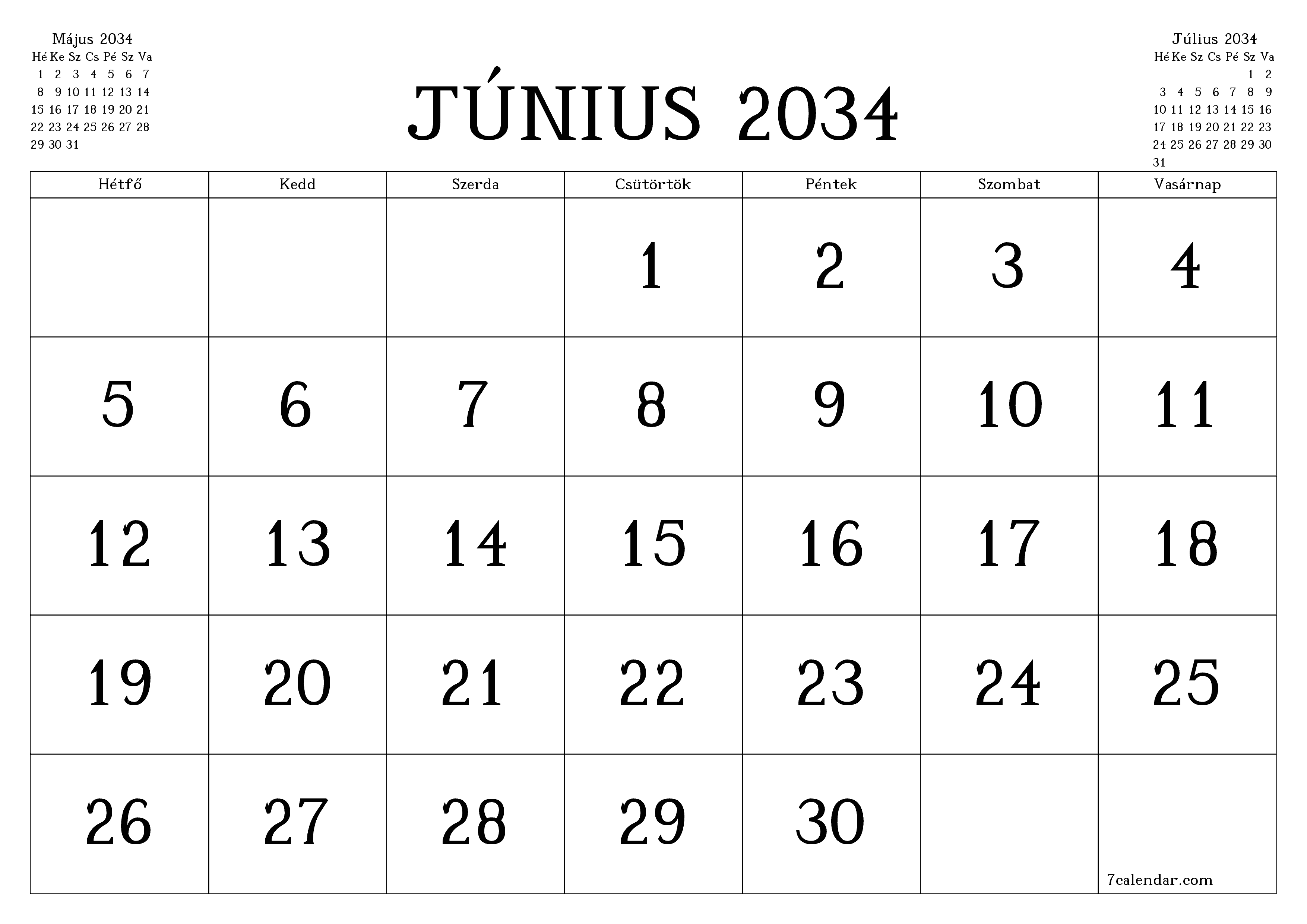 Üres havi tervező a Június 2034 hónapra jegyzetekkel, mentés és nyomtatás PDF-be PNG Hungarian