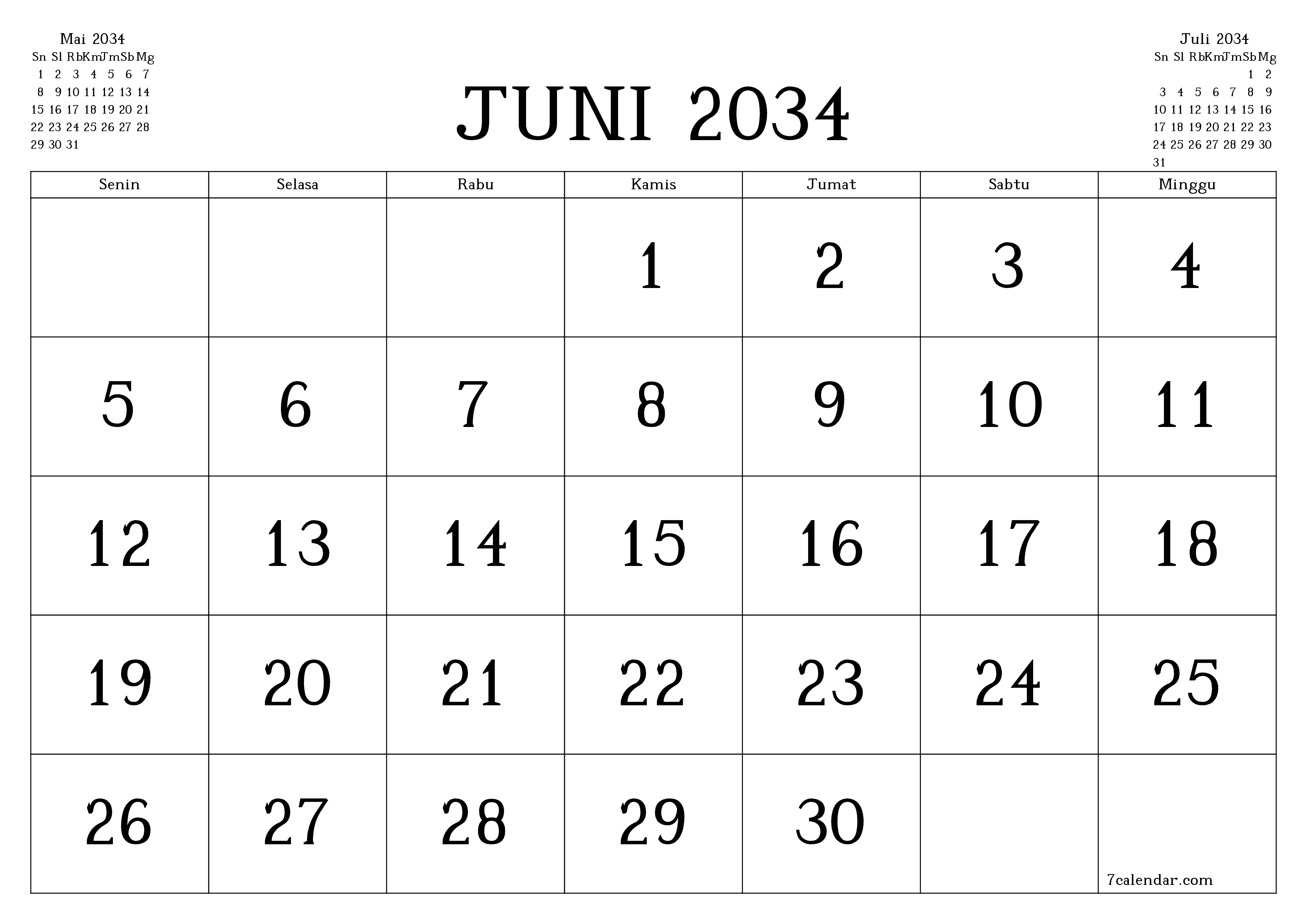 Kosongkan agenda bulanan untuk bulan Juni 2034 dengan catatan, simpan dan cetak ke PDF PNG Indonesian