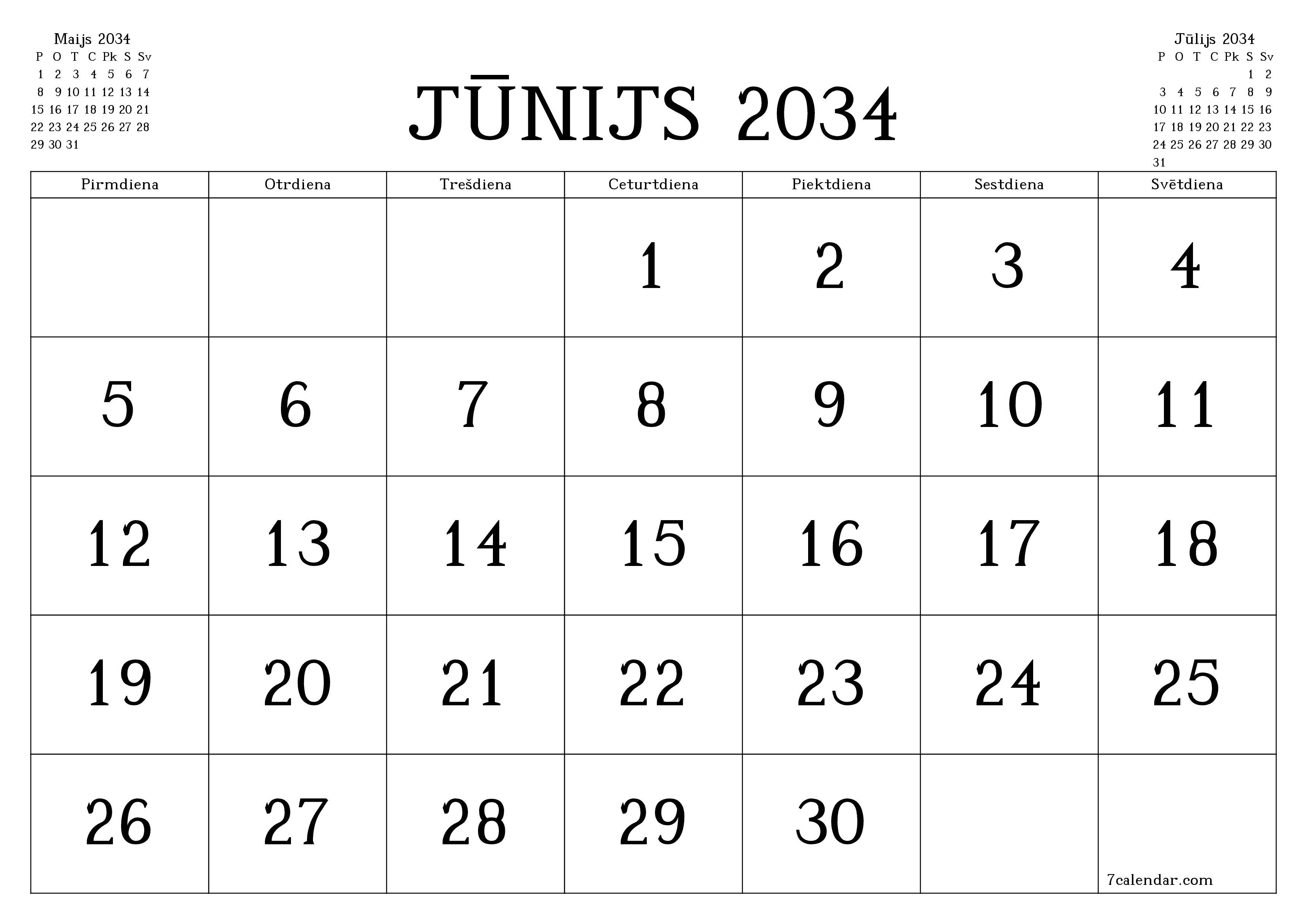Iztukšot mēneša plānotāju mēnesim Jūnijs 2034 ar piezīmēm, saglabāt un izdrukāt PDF formātā PNG Latvian
